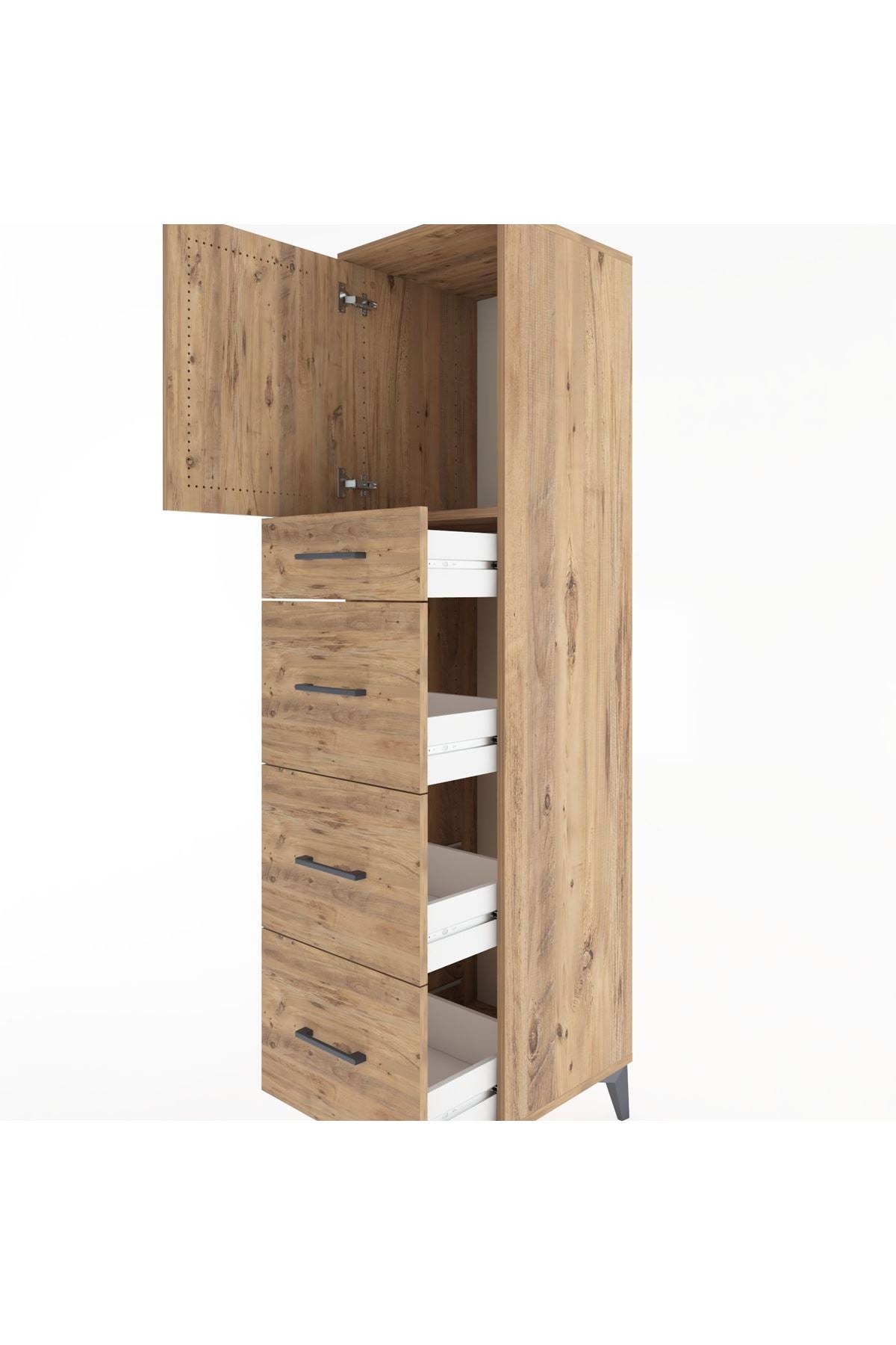 Hyperion Dolap Tek Raflı 4 Çekmeceli Tek Kapaklı 44x44x182 Çam-Çam