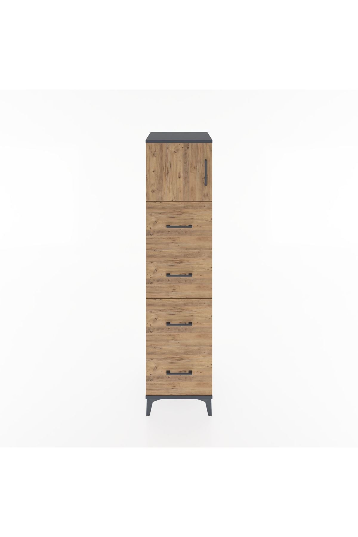 Hyperion Dolap Tek Raflı 4 Çekmeceli Tek Kapaklı 44x44x182 Antrasit-Çam