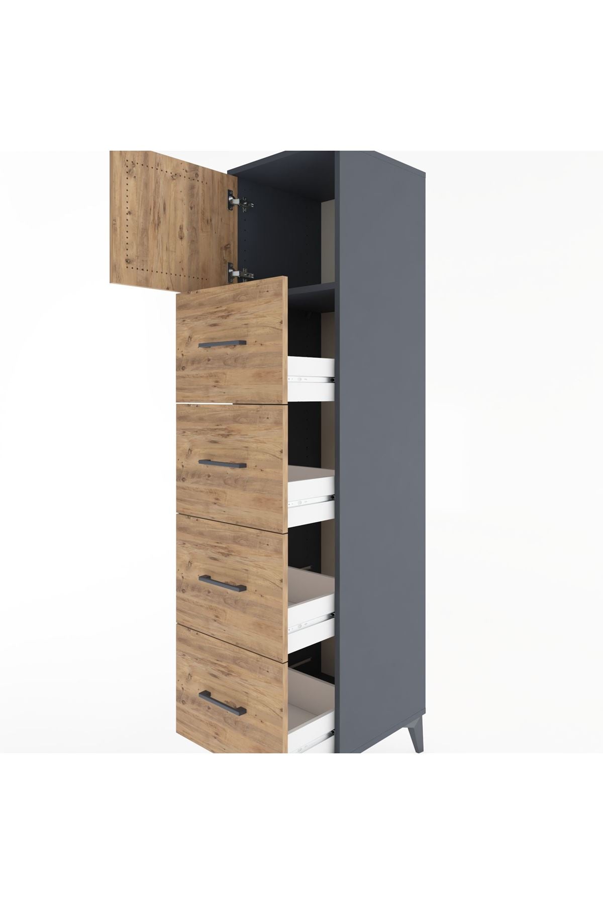 Hyperion Dolap Tek Raflı 4 Çekmeceli Tek Kapaklı 44x44x182 Antrasit-Çam