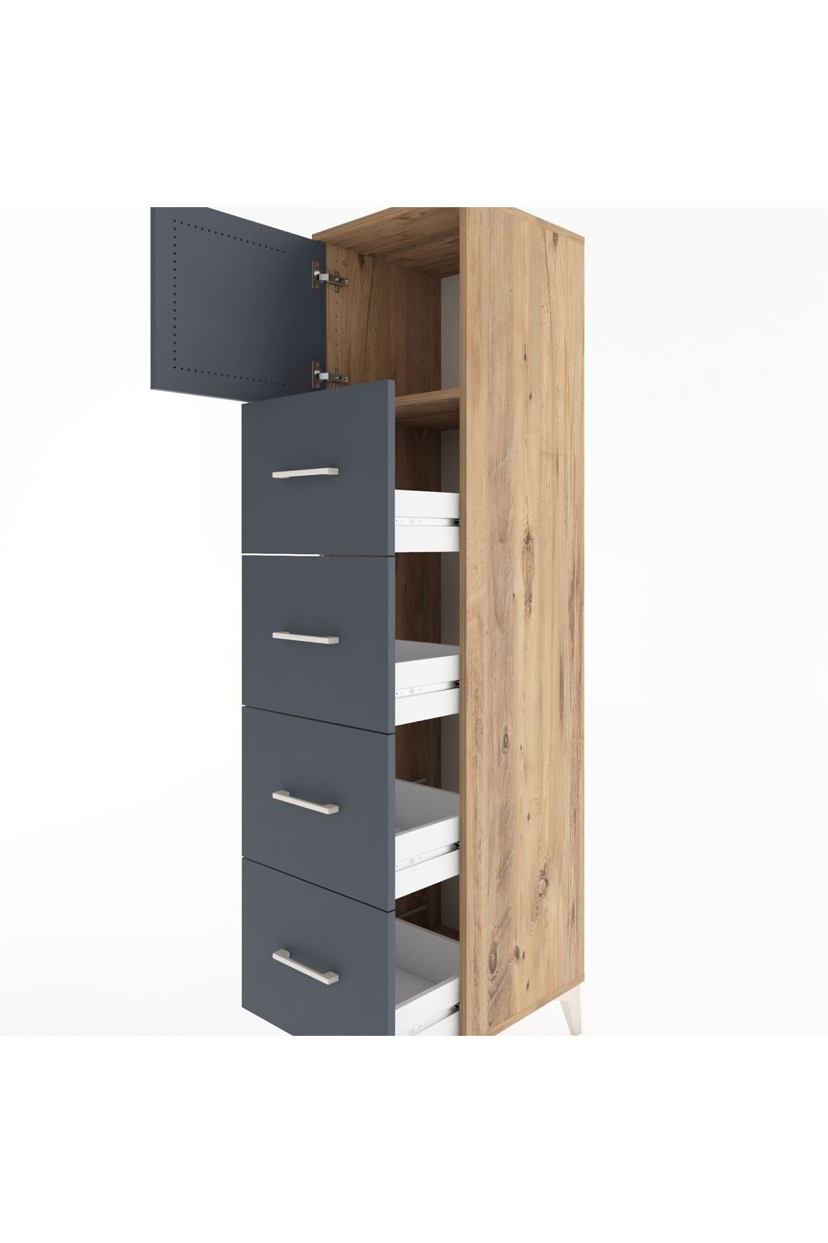 Hyperion Dolap Tek Raflı 4 Çekmeceli Tek Kapaklı 44x44x182 Çam-Antrasit