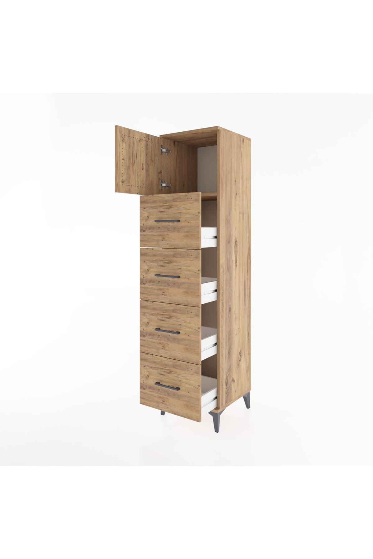 Hyperion Dolap Tek Raflı 4 Çekmeceli Tek Kapaklı 44x44x182 Çam-Çam