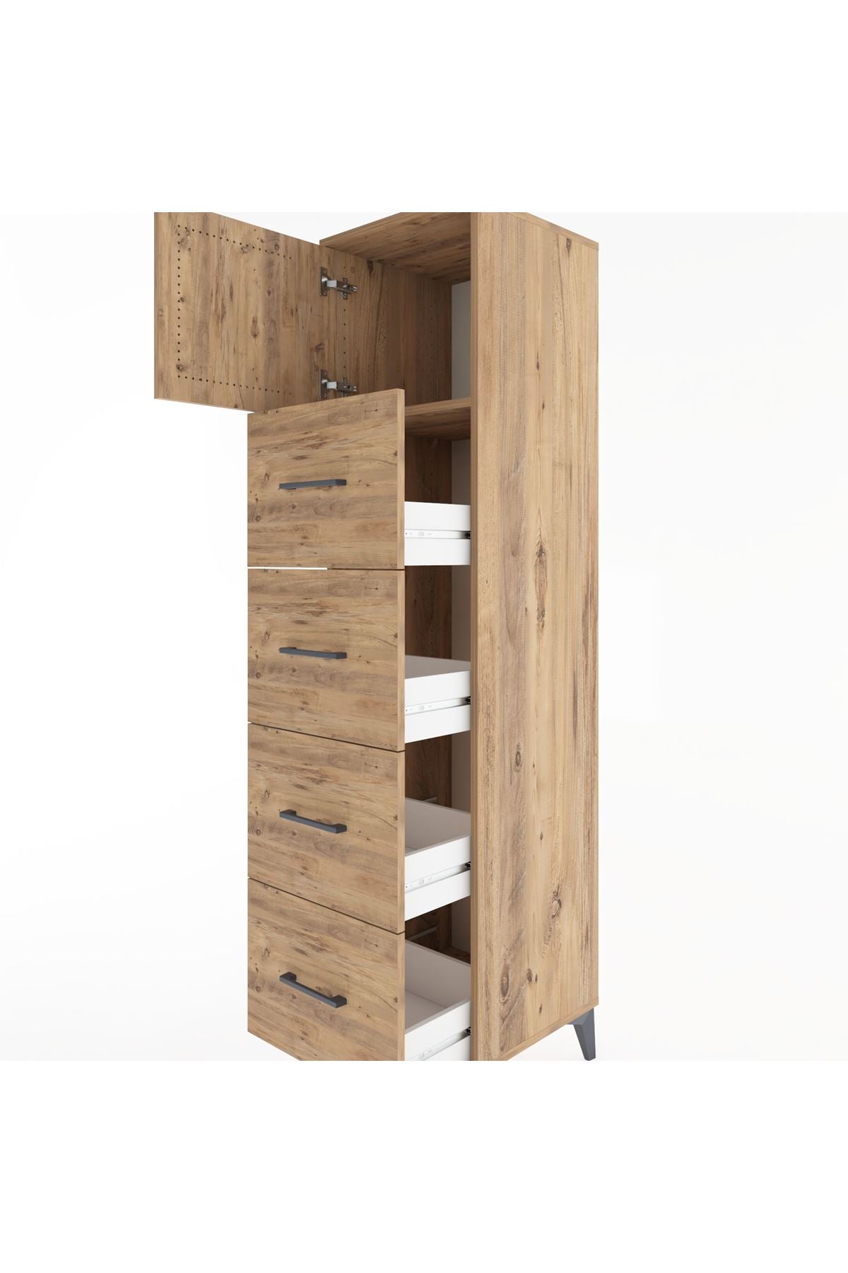 Hyperion Dolap Tek Raflı 4 Çekmeceli Tek Kapaklı 44x44x182 Çam-Çam