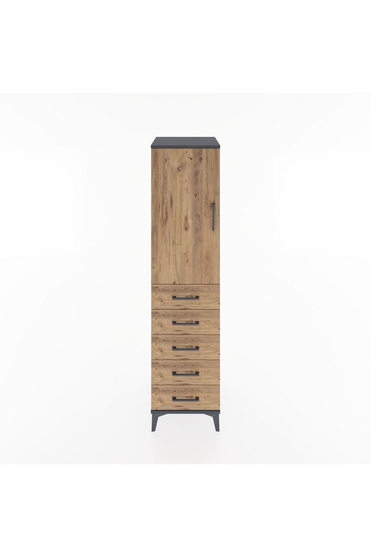 Hyperion Dolap Tek Raflı 5 Çekmeceli Tek Askılı 44x44x182 Antrasit-Çam