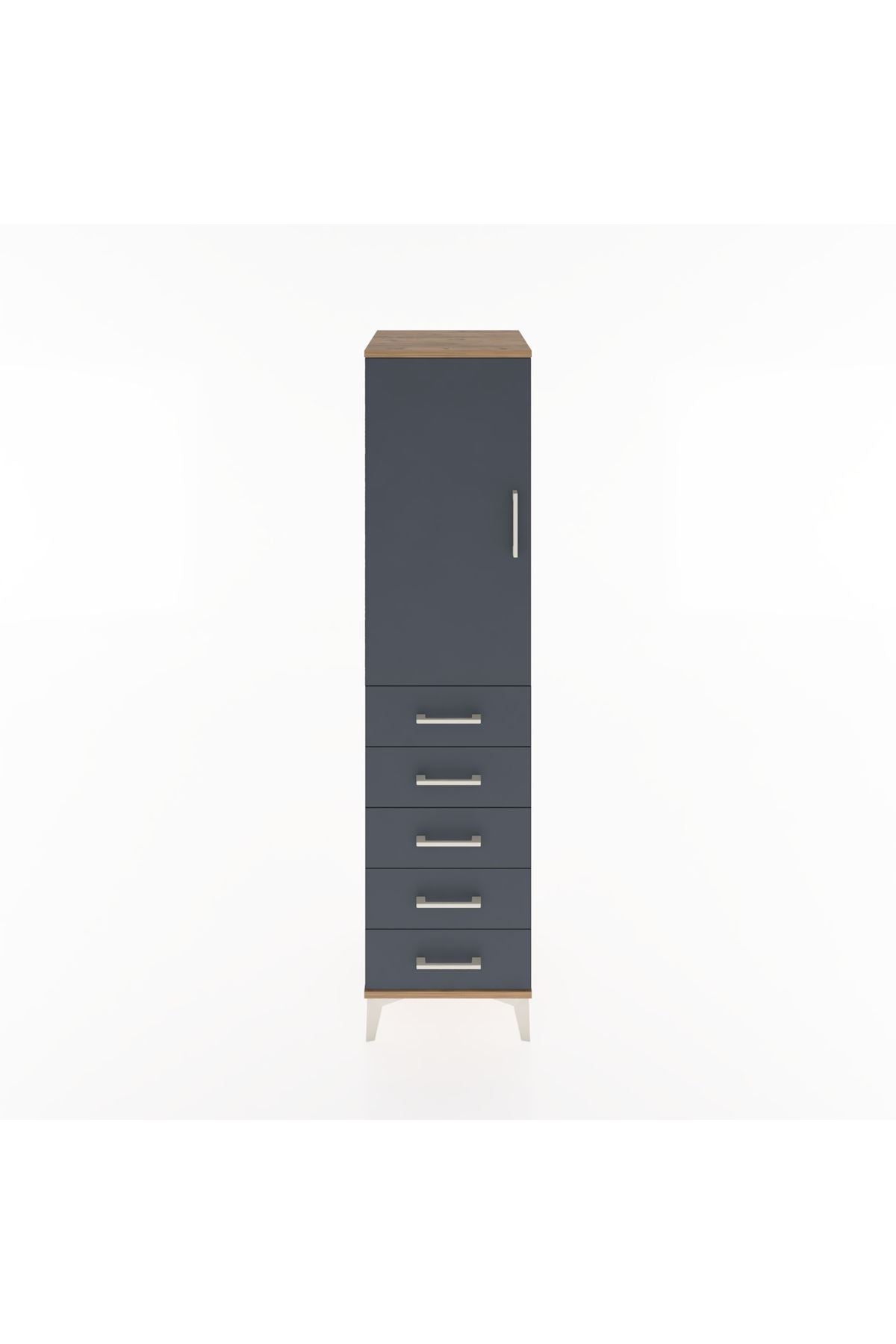 Hyperion Dolap Tek Raflı 5 Çekmeceli Tek Askılı 44x44x182 Çam-Antrasit