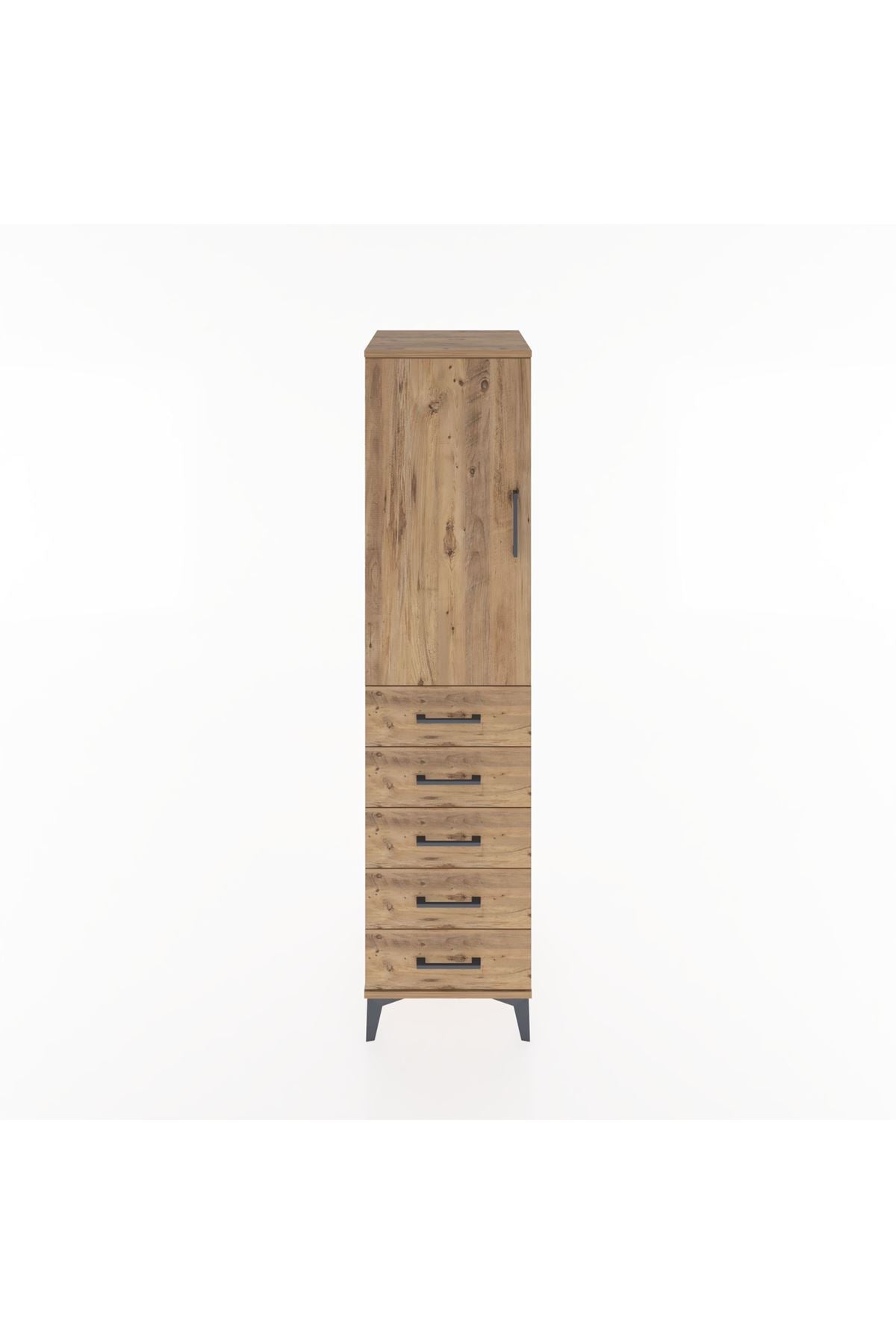Hyperion Dolap Tek Raflı 5 Çekmeceli Tek Askılı 44x44x182 Çam-Çam