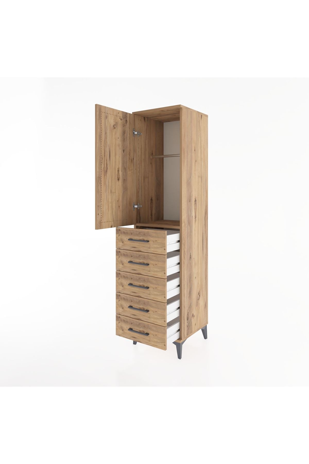 Hyperion Dolap Tek Raflı 5 Çekmeceli Tek Askılı 44x44x182 Çam-Çam