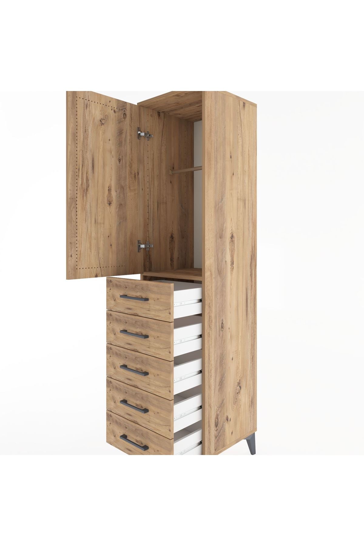 Hyperion Dolap Tek Raflı 5 Çekmeceli Tek Askılı 44x44x182 Çam-Çam