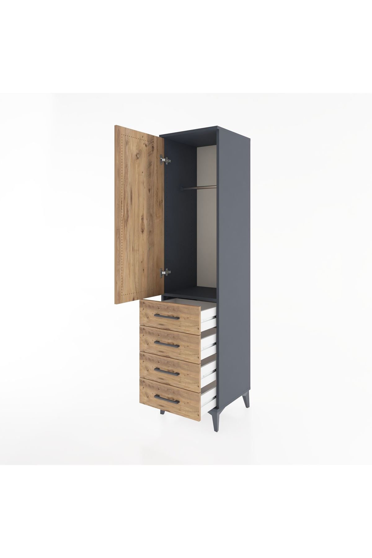 Hyperion Dolap Tek Raflı 4 Çekmeceli Tek Askılı 44x44x182 Antrasit-Çam