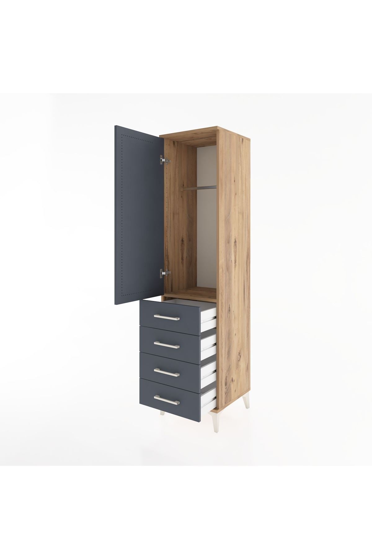 Hyperion Dolap Tek Raflı 4 Çekmeceli Tek Askılı 44x44x182 Çam-Antrasit
