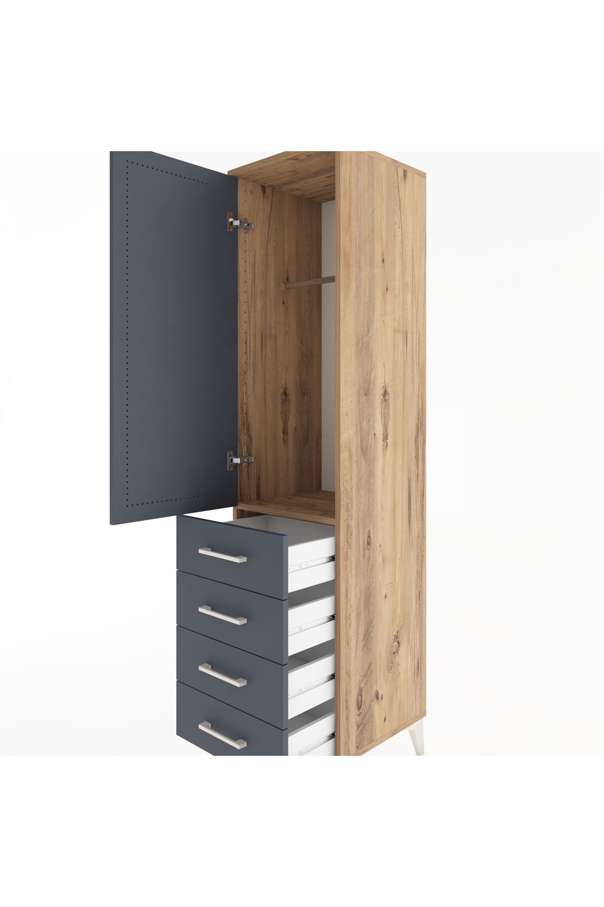 Hyperion Dolap Tek Raflı 4 Çekmeceli Tek Askılı 44x44x182 Çam-Antrasit