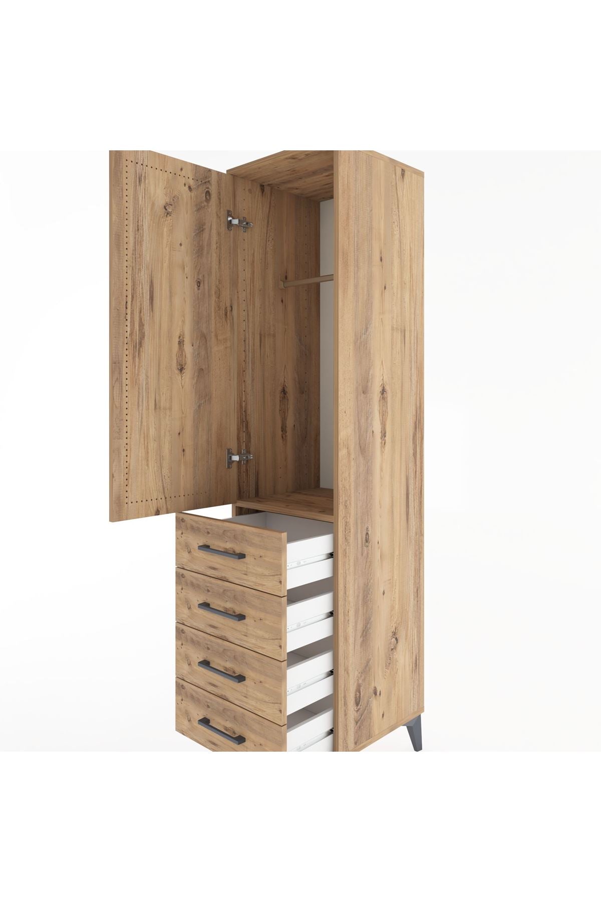 Hyperion Dolap Tek Raflı 4 Çekmeceli Tek Askılı 44x44x182 Çam-Çam