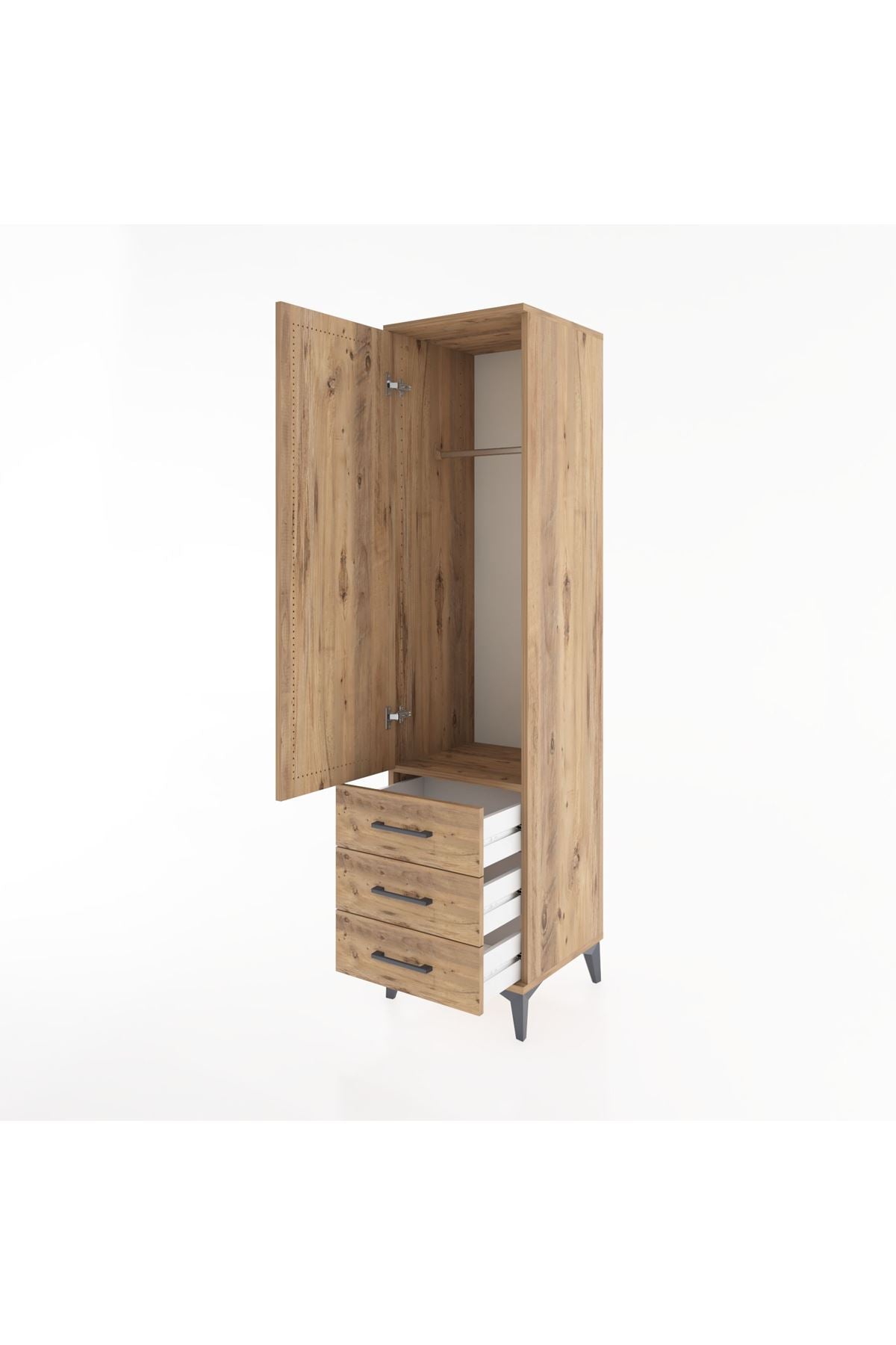 Hyperion Dolap Tek Raflı 3 Çekmeceli Tek Askılı 44x44x182 Çam-Çam