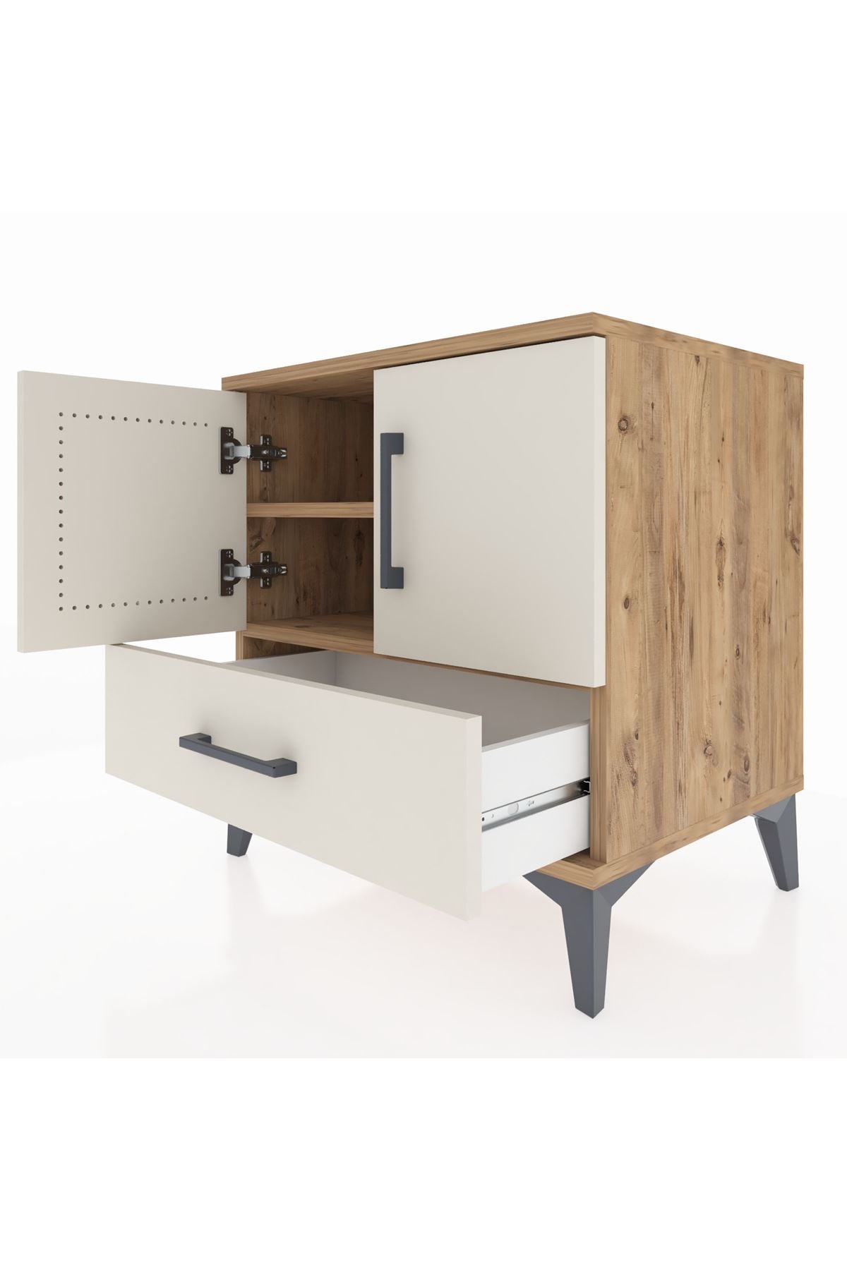 Hyperion Komodin 2 Raflı Tek Çekmeceli 2 Kapaklı 60x44x64 Çam-Aytaşı