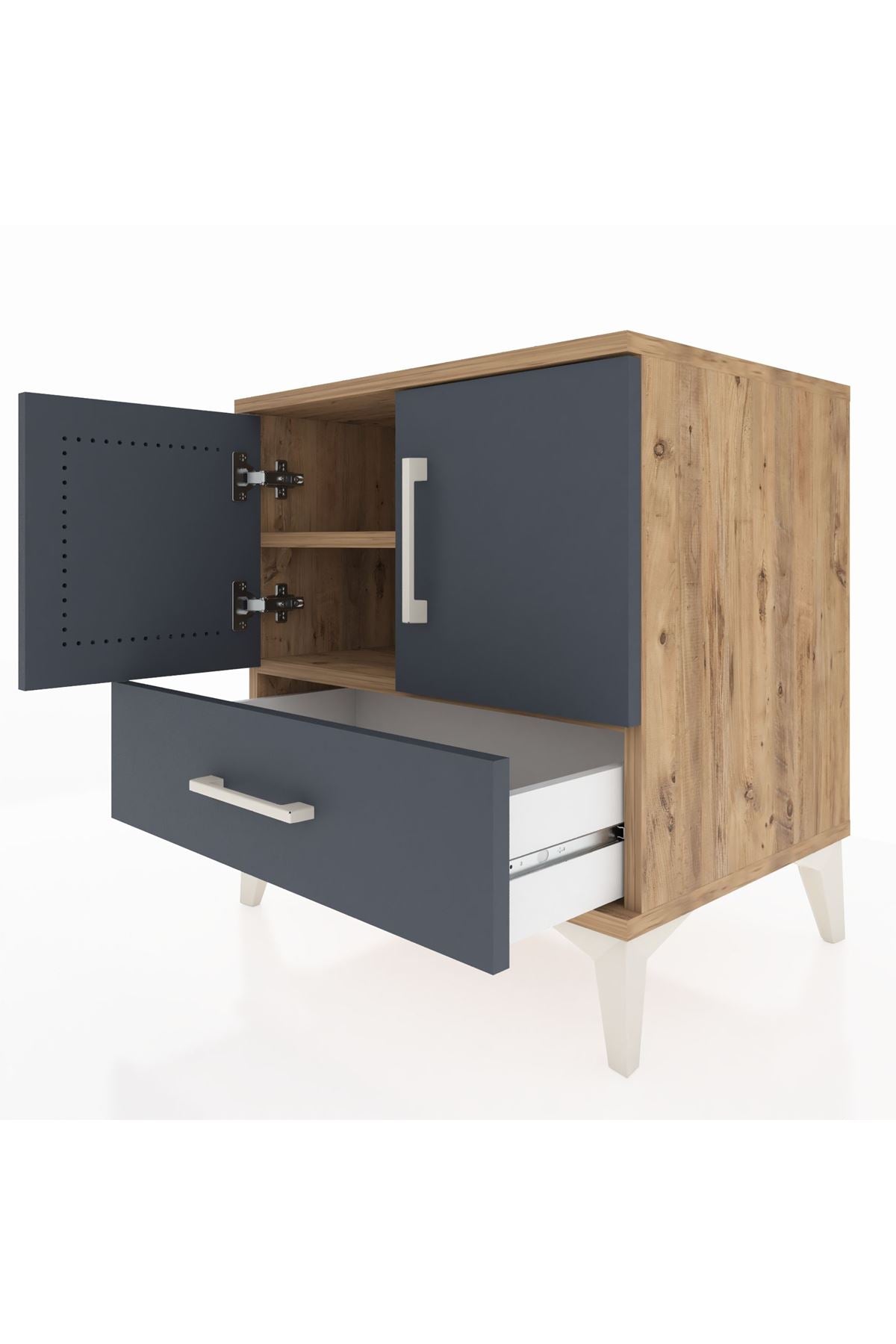 Hyperion Komodin 2 Raflı Tek Çekmeceli 2 Kapaklı 60x44x64 Çam-Antrasit