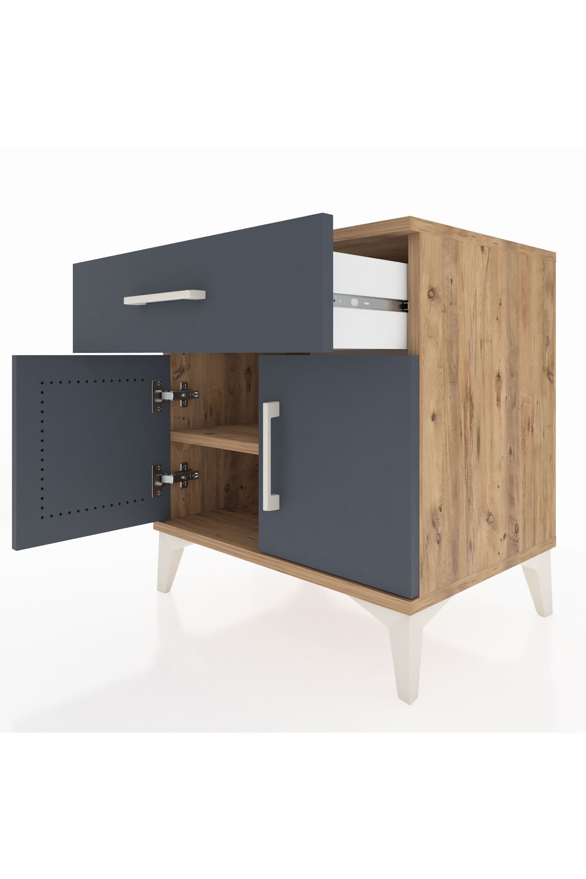 Hyperion Komodin Tek Raflı Tek Çekmeceli 2 Kapaklı 60x44x64 Çam-Antrasit