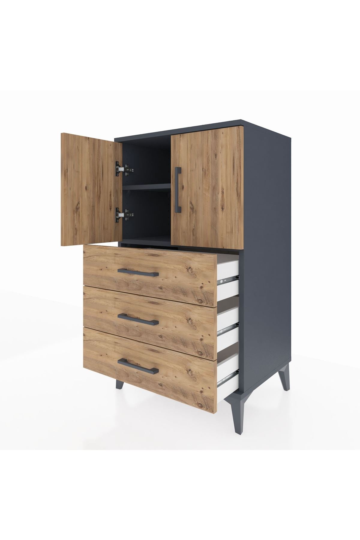 Hyperion Komodin 2 Raflı 3 Çekmeceli 2 Kapaklı 60x44x106 Antrasit-Çam