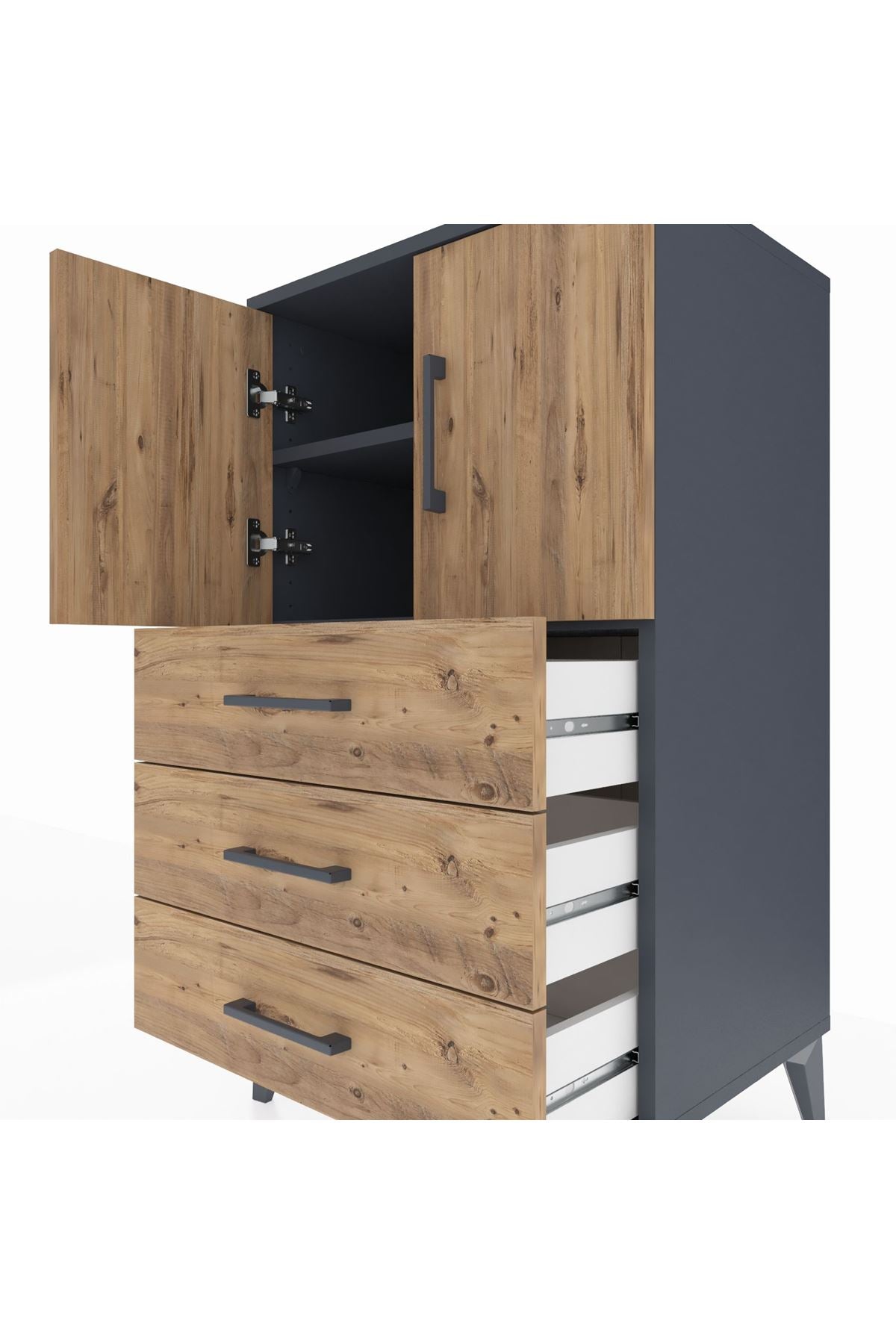 Hyperion Komodin 2 Raflı 3 Çekmeceli 2 Kapaklı 60x44x106 Antrasit-Çam