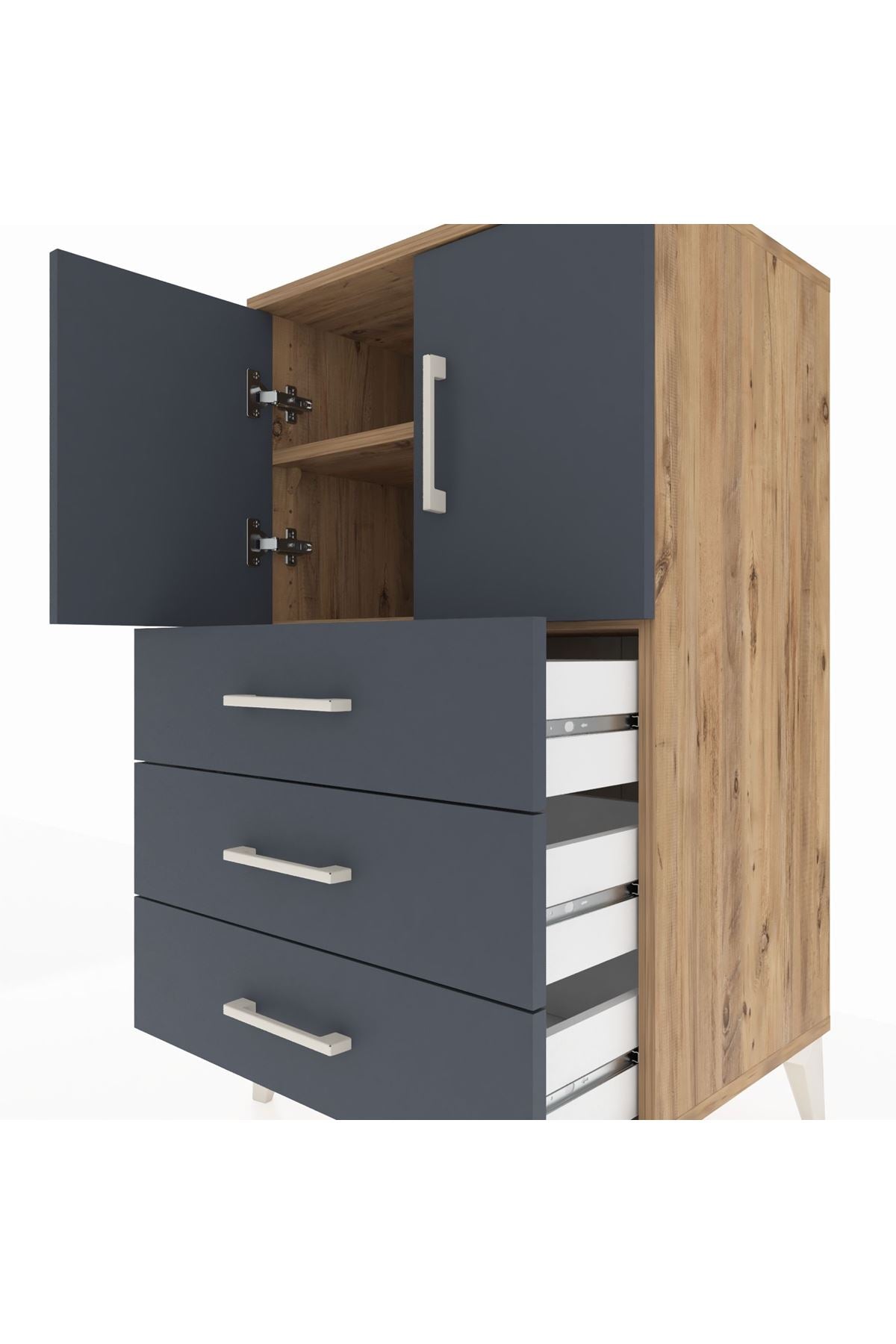 Hyperion Komodin 2 Raflı 3 Çekmeceli 2 Kapaklı 60x44x106 Çam-Antrasit