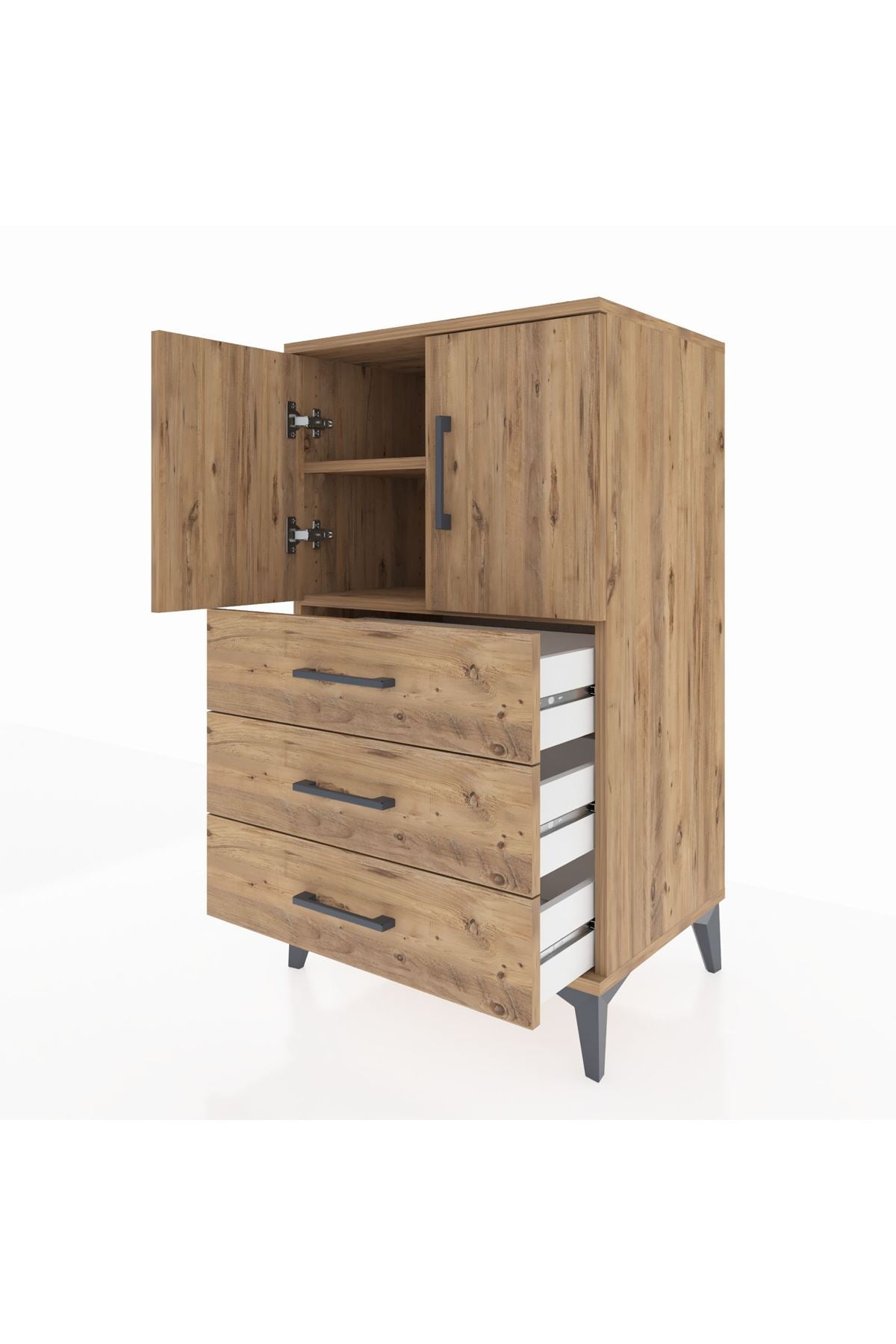 Hyperion Komodin 2 Raflı 3 Çekmeceli 2 Kapaklı 60x44x106 Çam-Çam