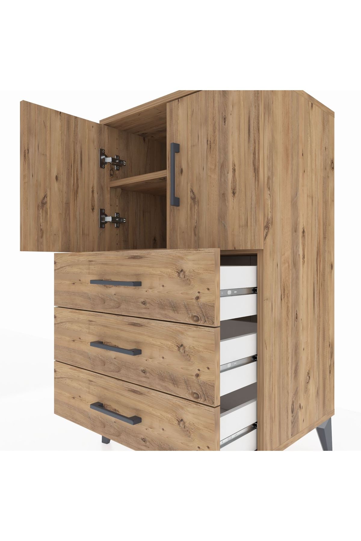 Hyperion Komodin 2 Raflı 3 Çekmeceli 2 Kapaklı 60x44x106 Çam-Çam