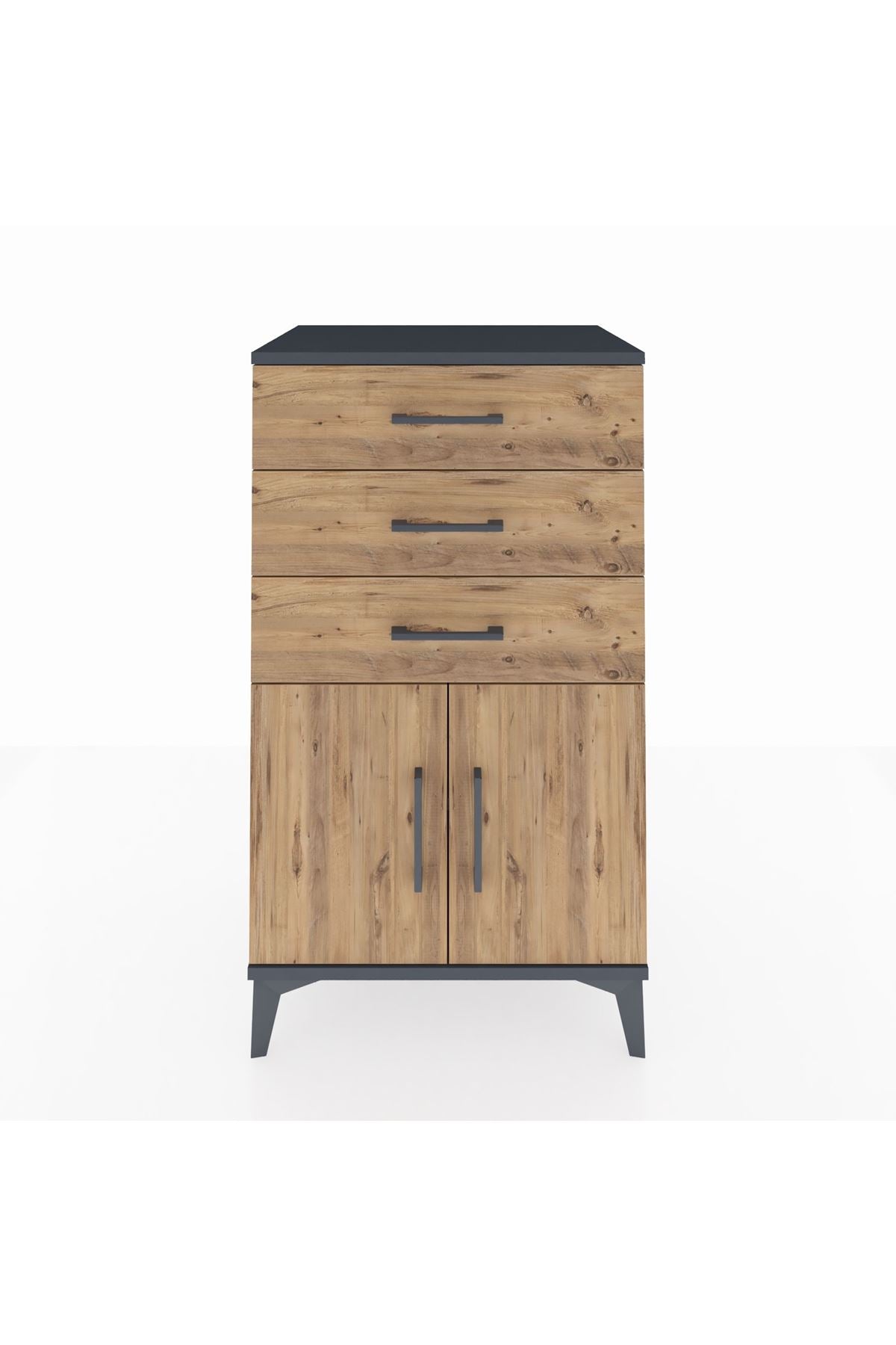 Hyperion Komodin Tek Raflı 3 Çekmeceli 2 Kapaklı 60x44x106 Antrasit-Çam