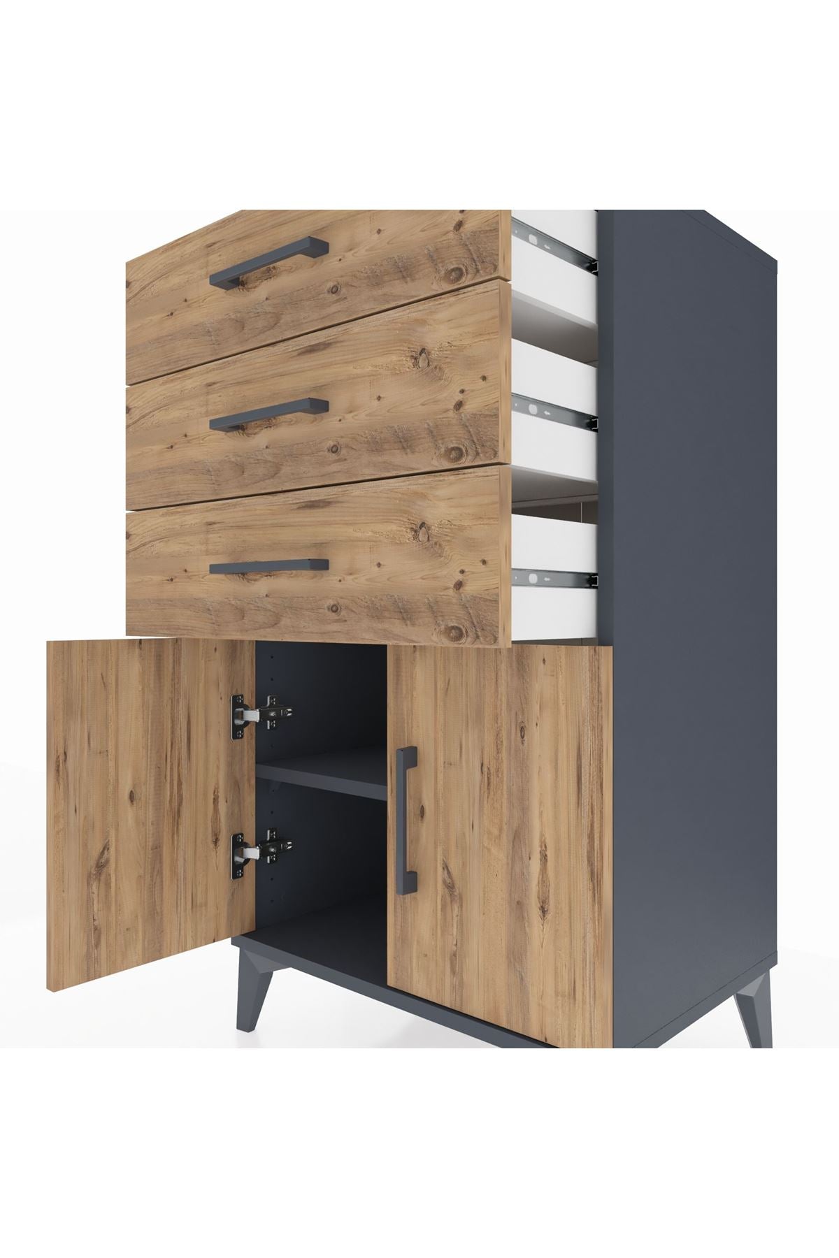 Hyperion Komodin Tek Raflı 3 Çekmeceli 2 Kapaklı 60x44x106 Antrasit-Çam