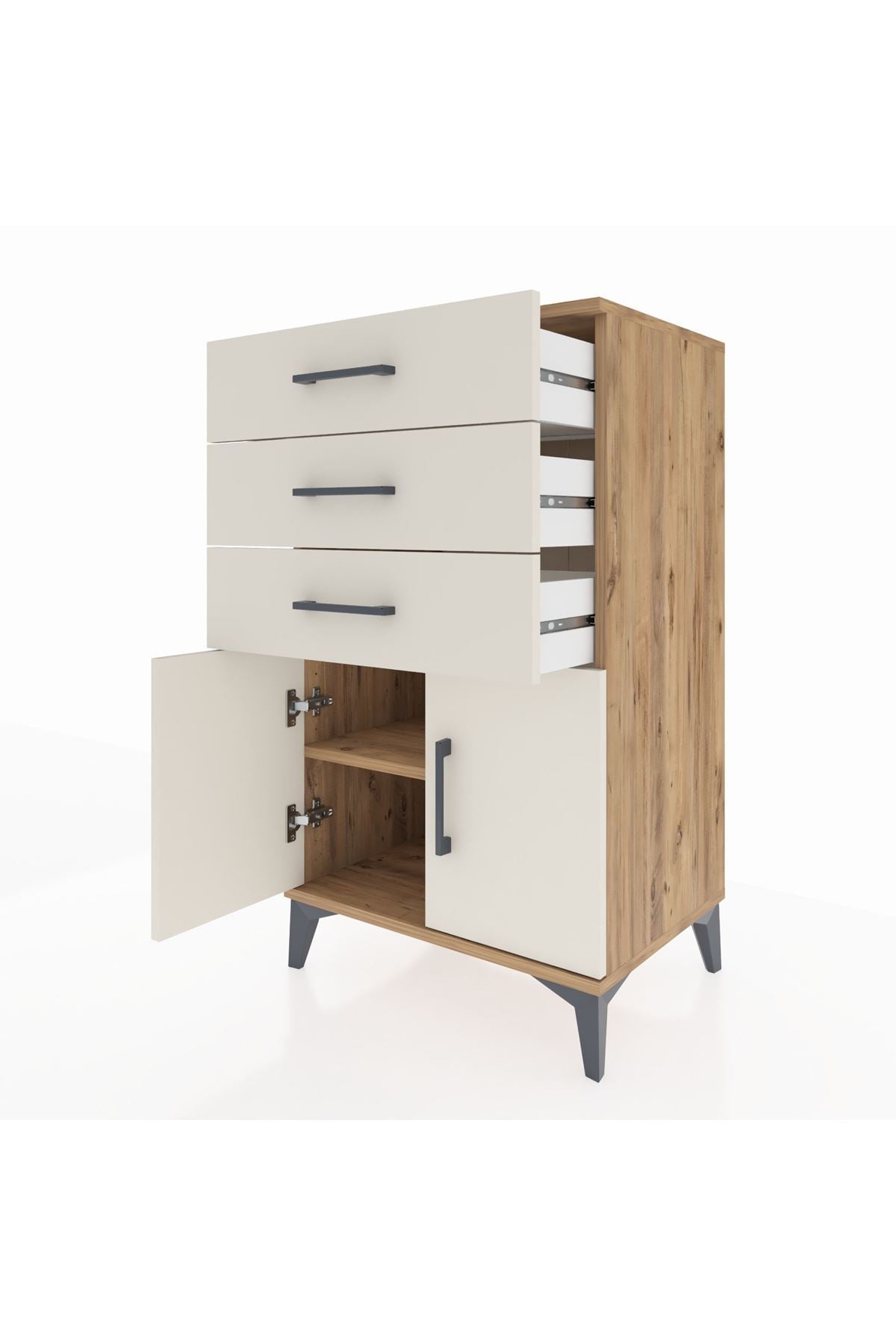 Hyperion Komodin Tek Raflı 3 Çekmeceli 2 Kapaklı 60x44x106 Çam-Aytaşı