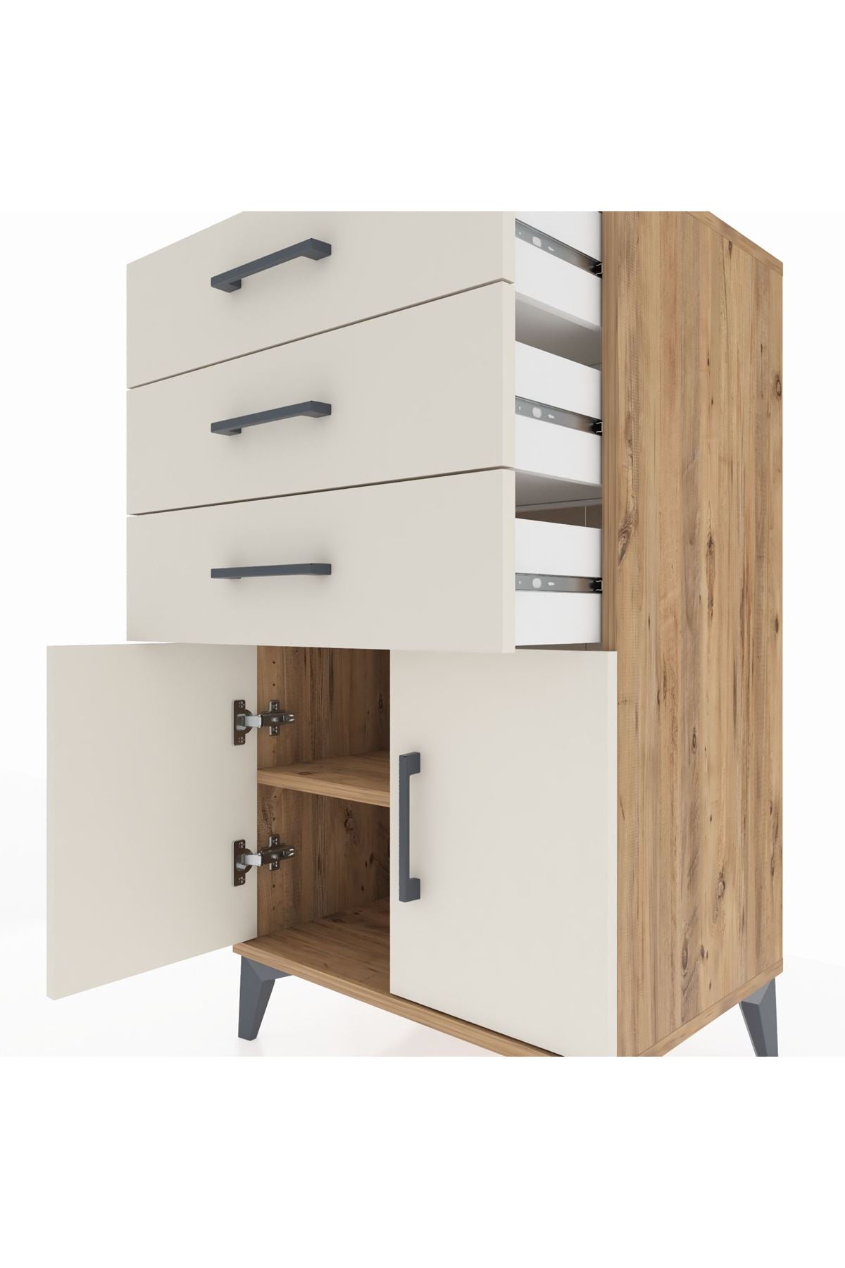 Hyperion Komodin Tek Raflı 3 Çekmeceli 2 Kapaklı 60x44x106 Çam-Aytaşı