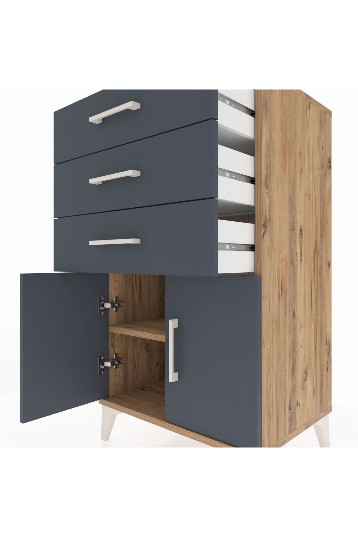 Hyperion Komodin Tek Raflı 3 Çekmeceli 2 Kapaklı 60x44x106 Çam-Antrasit