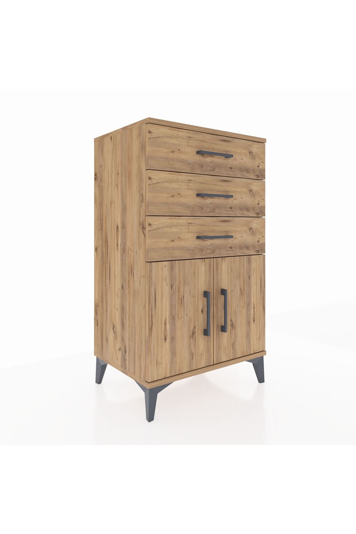 Hyperion Komodin Tek Raflı 3 Çekmeceli 2 Kapaklı 60x44x106 Çam-Çam