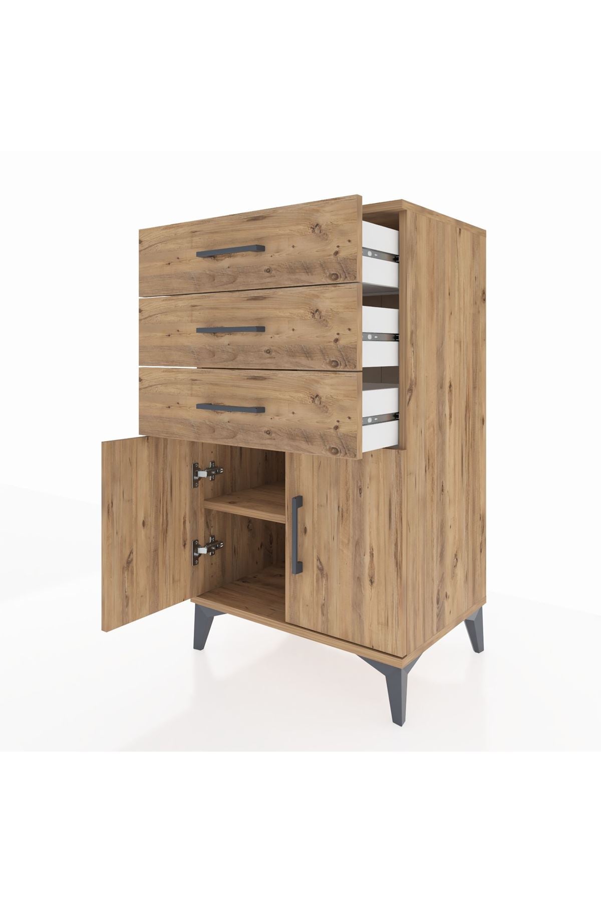 Hyperion Komodin Tek Raflı 3 Çekmeceli 2 Kapaklı 60x44x106 Çam-Çam