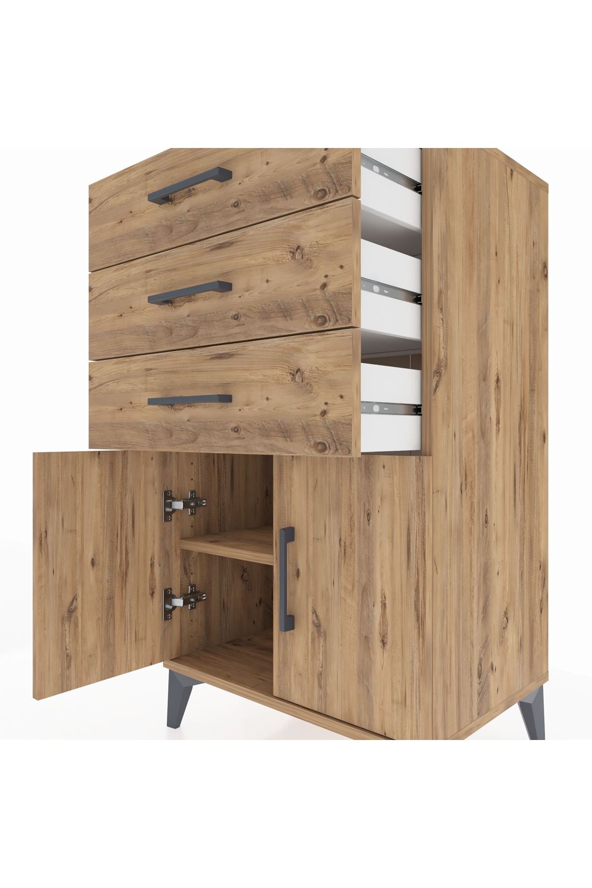 Hyperion Komodin Tek Raflı 3 Çekmeceli 2 Kapaklı 60x44x106 Çam-Çam