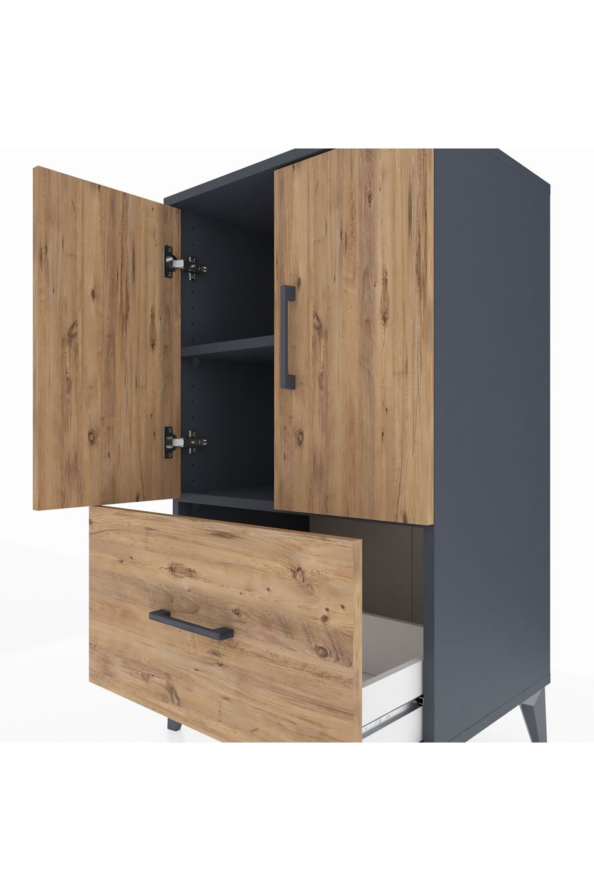 Hyperion Komodin 2 Raflı Tek Çekmeceli 2 Kapaklı 60x44x106 Antrasit-Çam