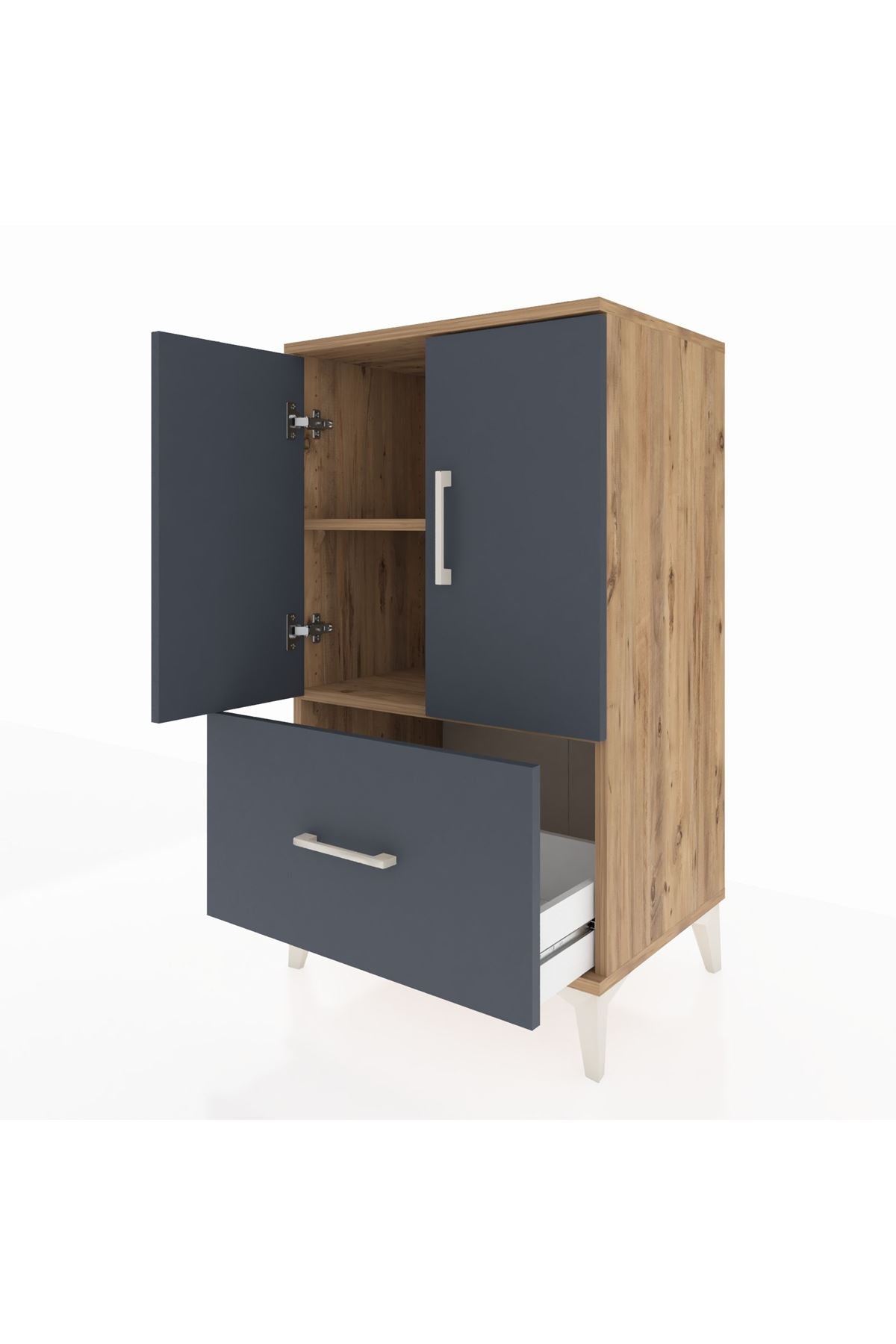 Hyperion Komodin 2 Raflı Tek Çekmeceli 2 Kapaklı 60x44x106 Çam-Antrasit