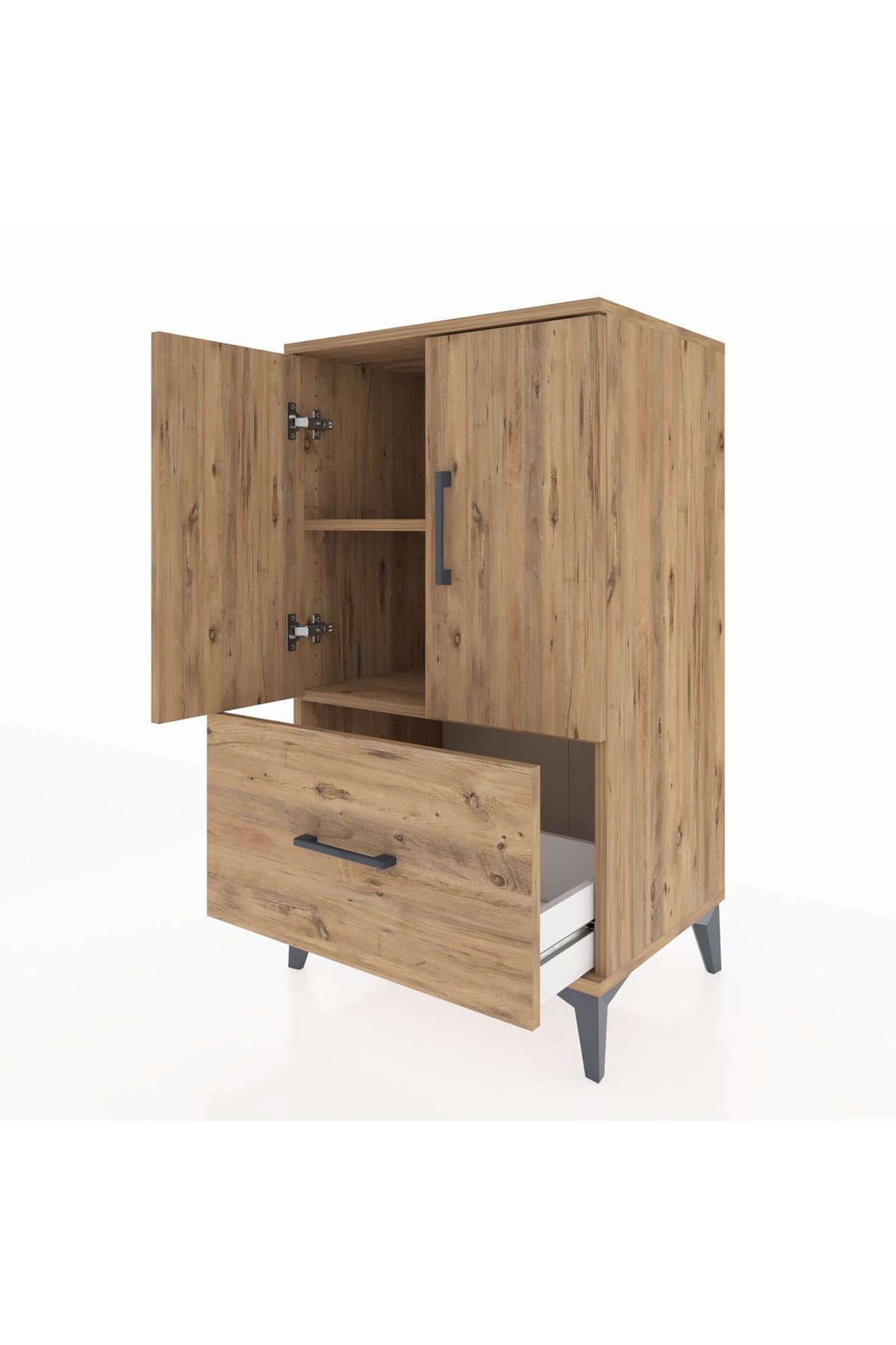 Hyperion Komodin 2 Raflı Tek Çekmeceli 2 Kapaklı 60x44x106 Çam-Çam