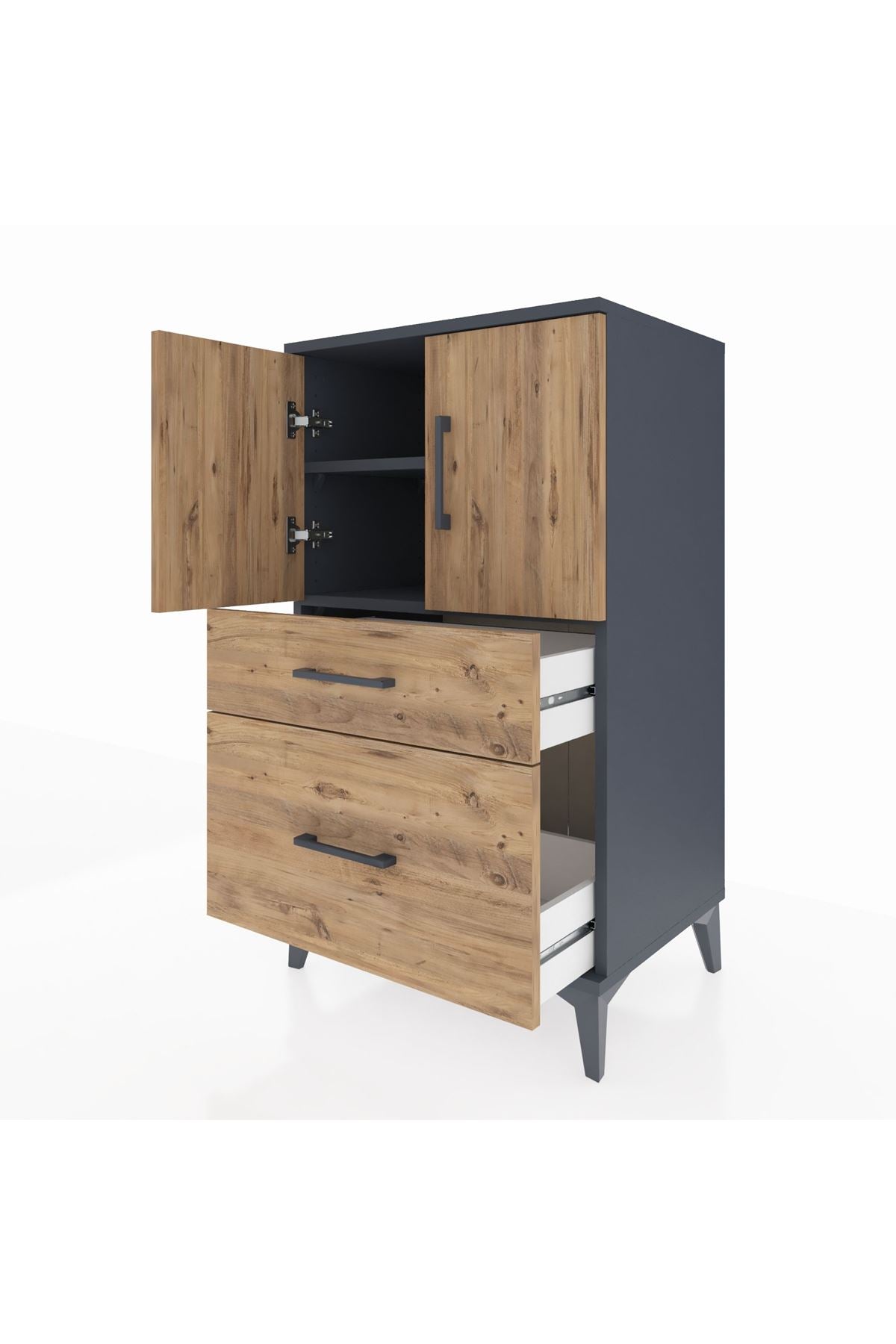 Hyperion Komodin 2 Raflı 2 Çekmeceli 2 Kapaklı 60x44x106 Antrasit-Çam