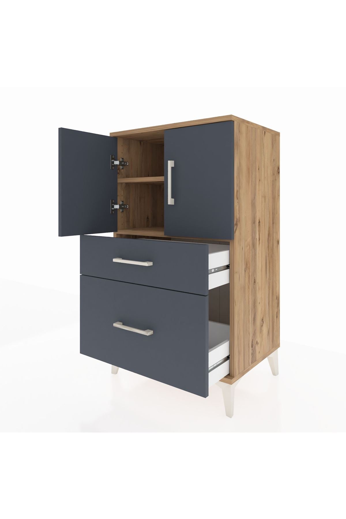 Hyperion Komodin 2 Raflı 2 Çekmeceli 2 Kapaklı 60x44x106 Çam-Antrasit