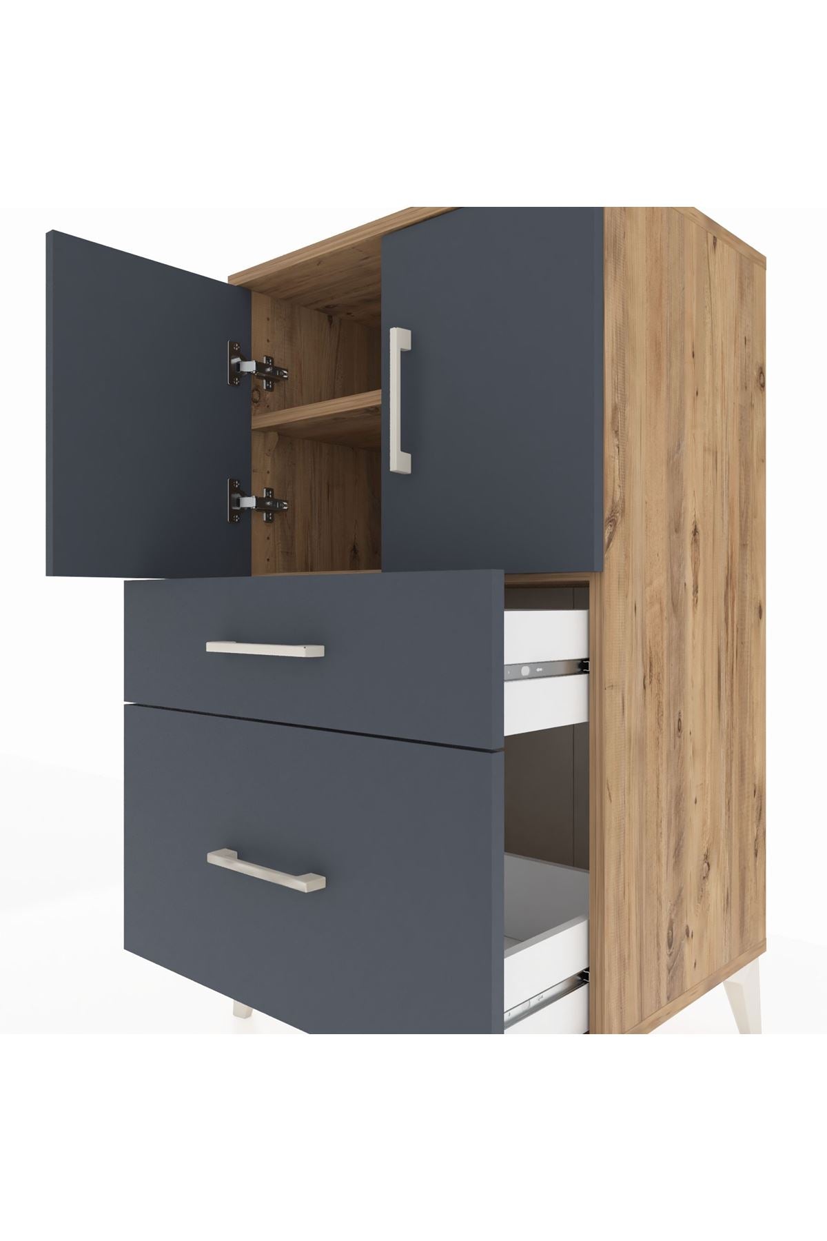 Hyperion Komodin 2 Raflı 2 Çekmeceli 2 Kapaklı 60x44x106 Çam-Antrasit