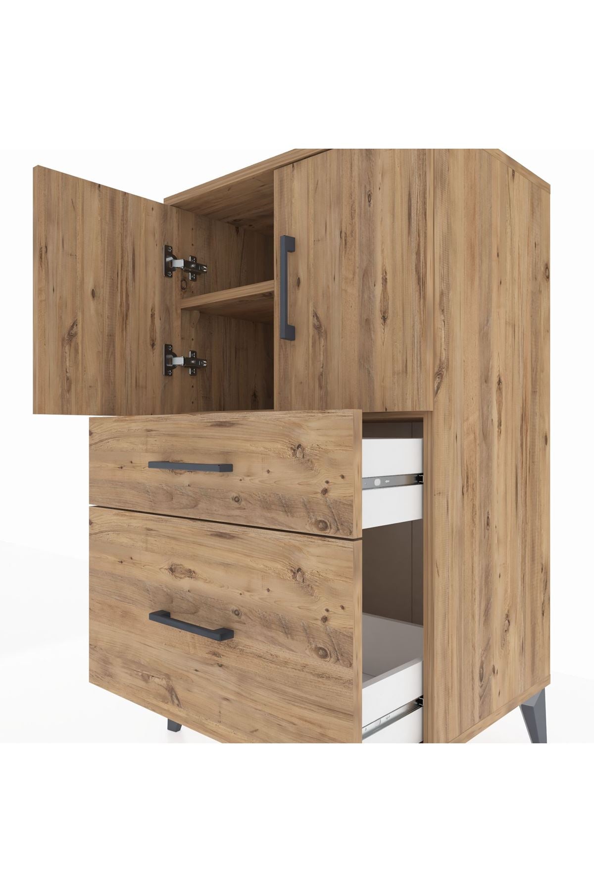 Hyperion Komodin 2 Raflı 2 Çekmeceli 2 Kapaklı 60x44x106 Çam-Çam