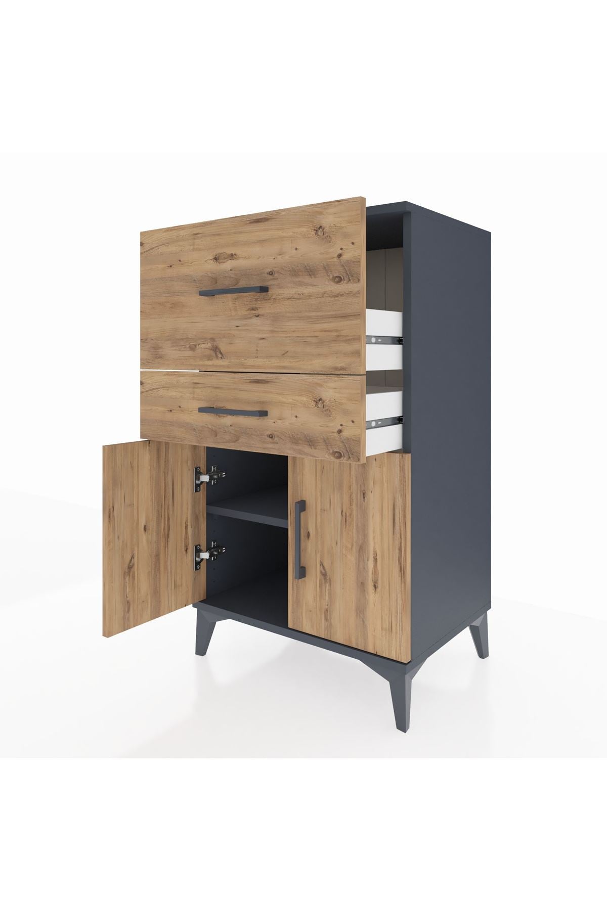 Hyperion Komodin Tek Raflı 2 Çekmeceli 2 Kapaklı 60x44x106 Antrasit-Çam