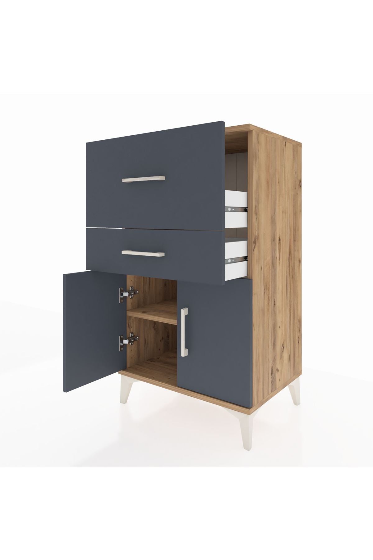 Hyperion Komodin Tek Raflı 2 Çekmeceli 2 Kapaklı 60x44x106 Çam-Antrasit