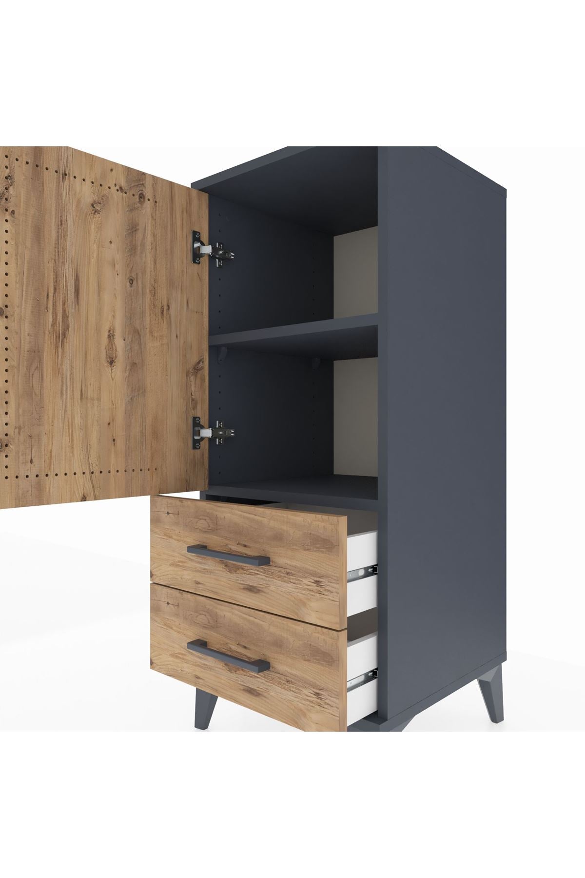 Hyperion Komodin 2 Raflı 2 Çekmeceli Tek Kapaklı 44x44x106 Antrasit-Çam