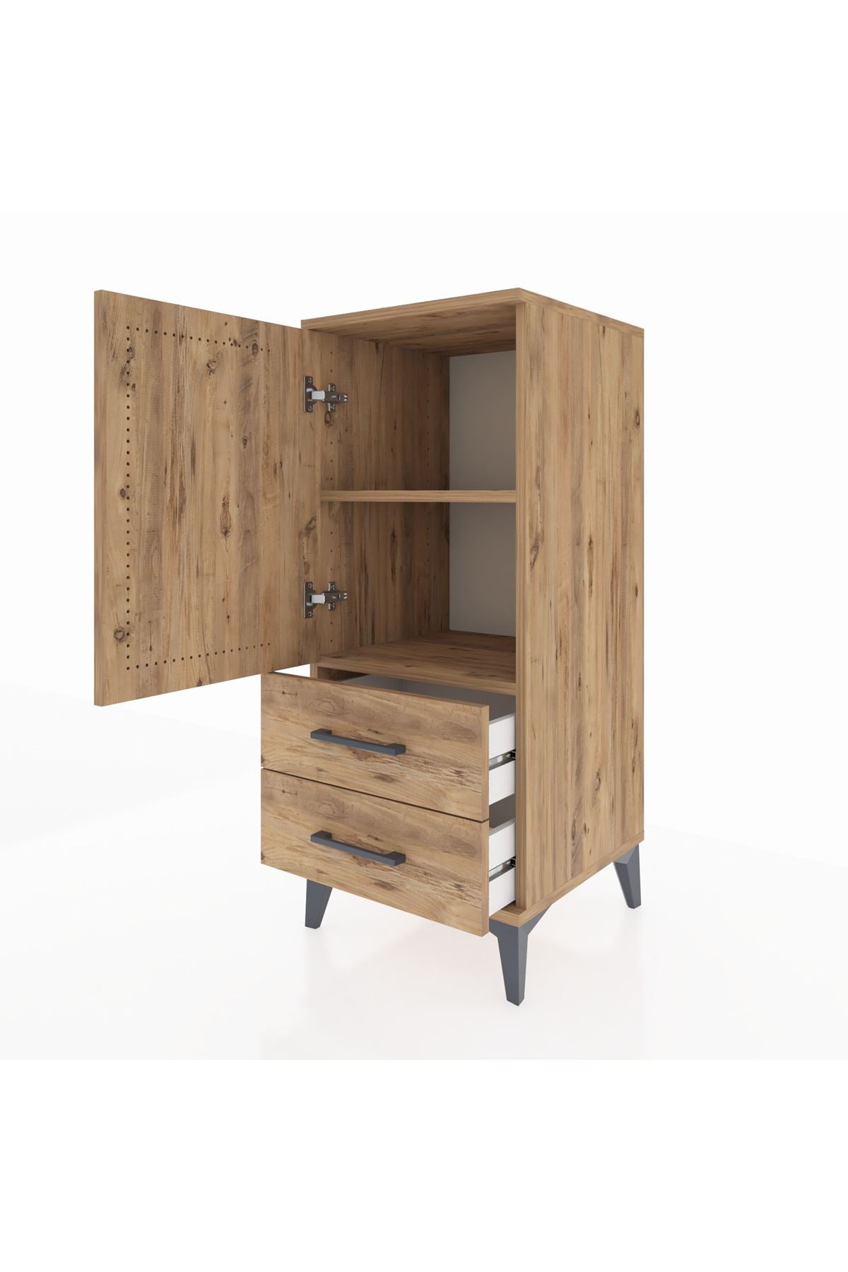 Hyperion Komodin 2 Raflı 2 Çekmeceli Tek Kapaklı 44x44x106 Çam-Çam