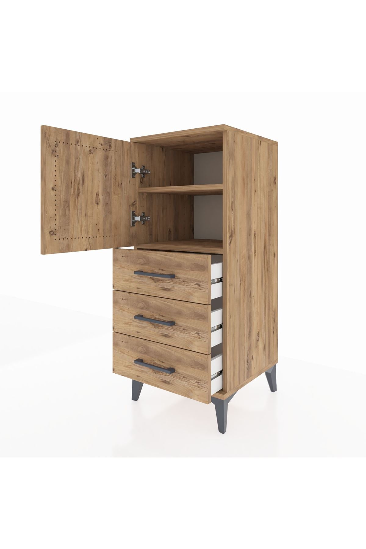 Hyperion Komodin 2 Raflı 3 Çekmeceli Tek Kapaklı 44x44x106 Çam-Çam