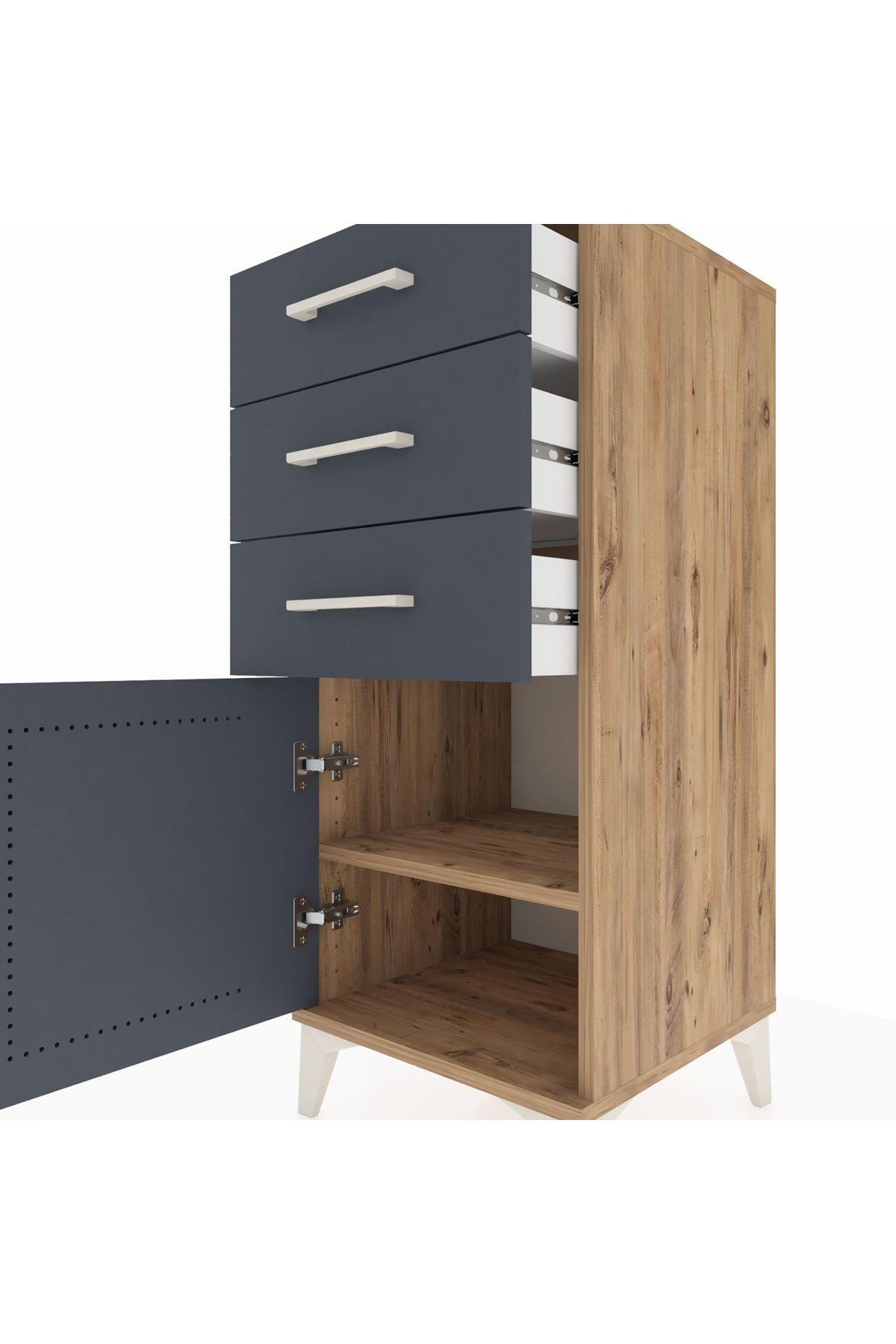Hyperion Komodin Tek Raflı 3 Çekmeceli Tek Kapaklı 44x44x106 Çam-Antrasit