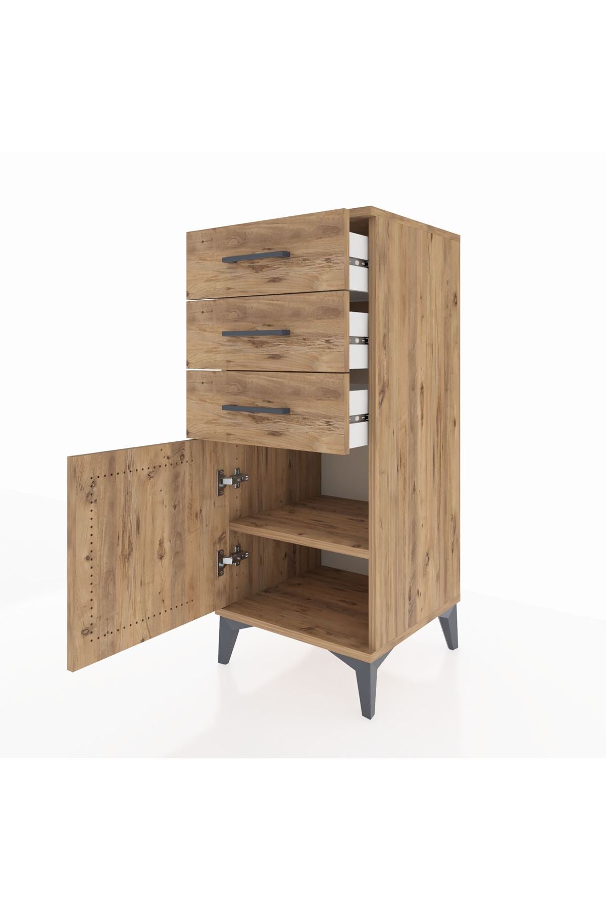 Hyperion Komodin Tek Raflı 3 Çekmeceli Tek Kapaklı 44x44x106 Çam-Çam