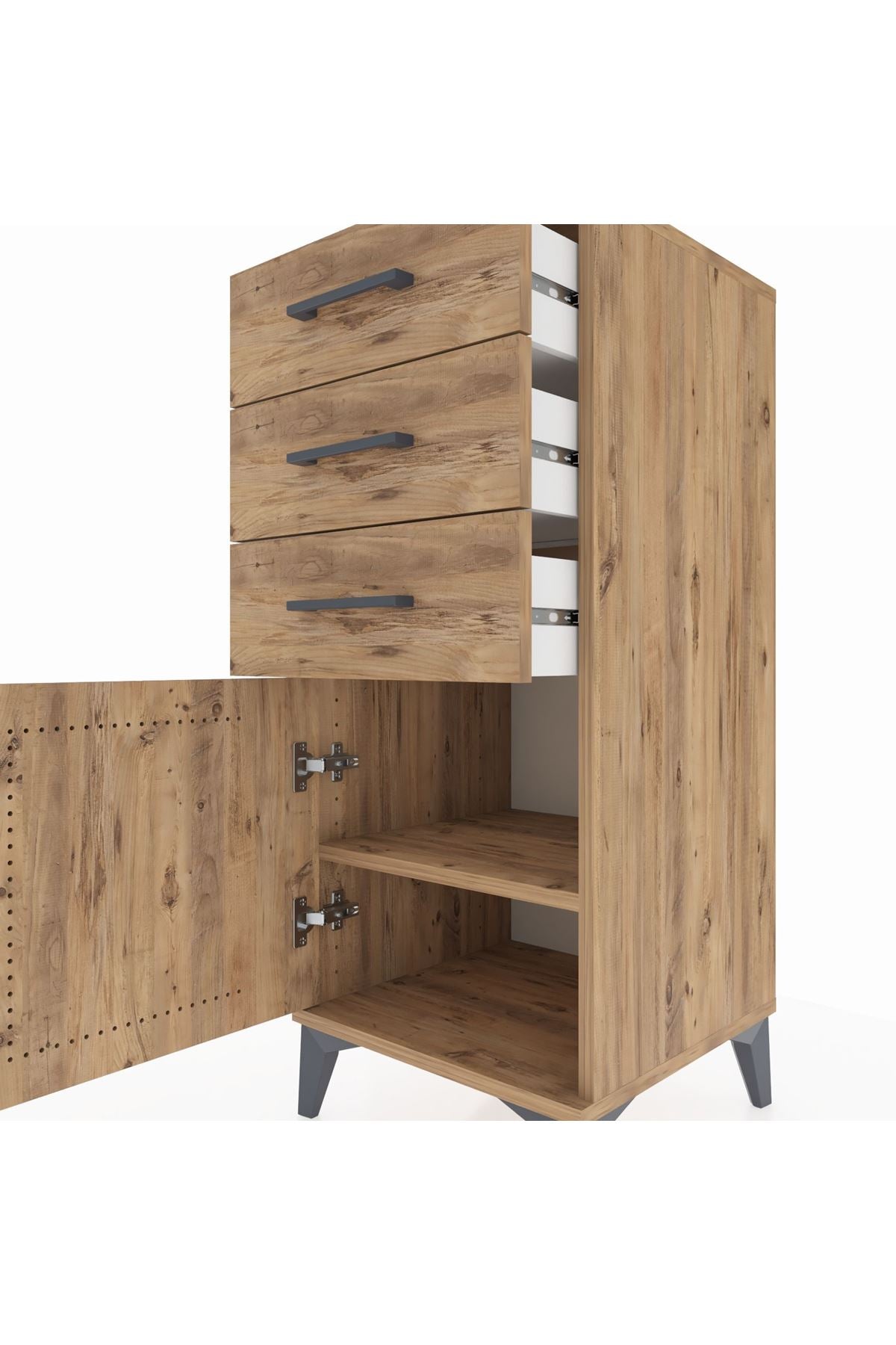 Hyperion Komodin Tek Raflı 3 Çekmeceli Tek Kapaklı 44x44x106 Çam-Çam