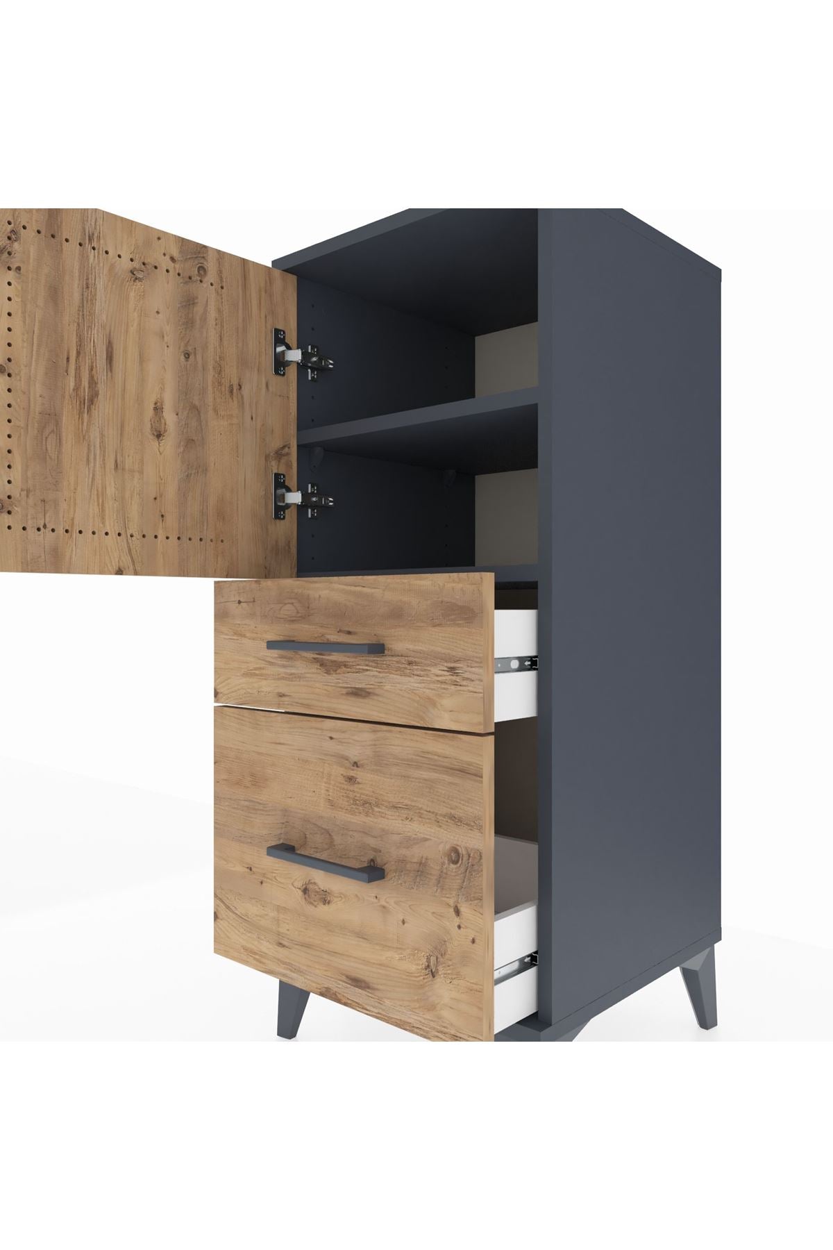 Hyperion Komodin 2 Raflı 2 Çekmeceli Tek Kapaklı 44x44x106 Antrasit-Çam