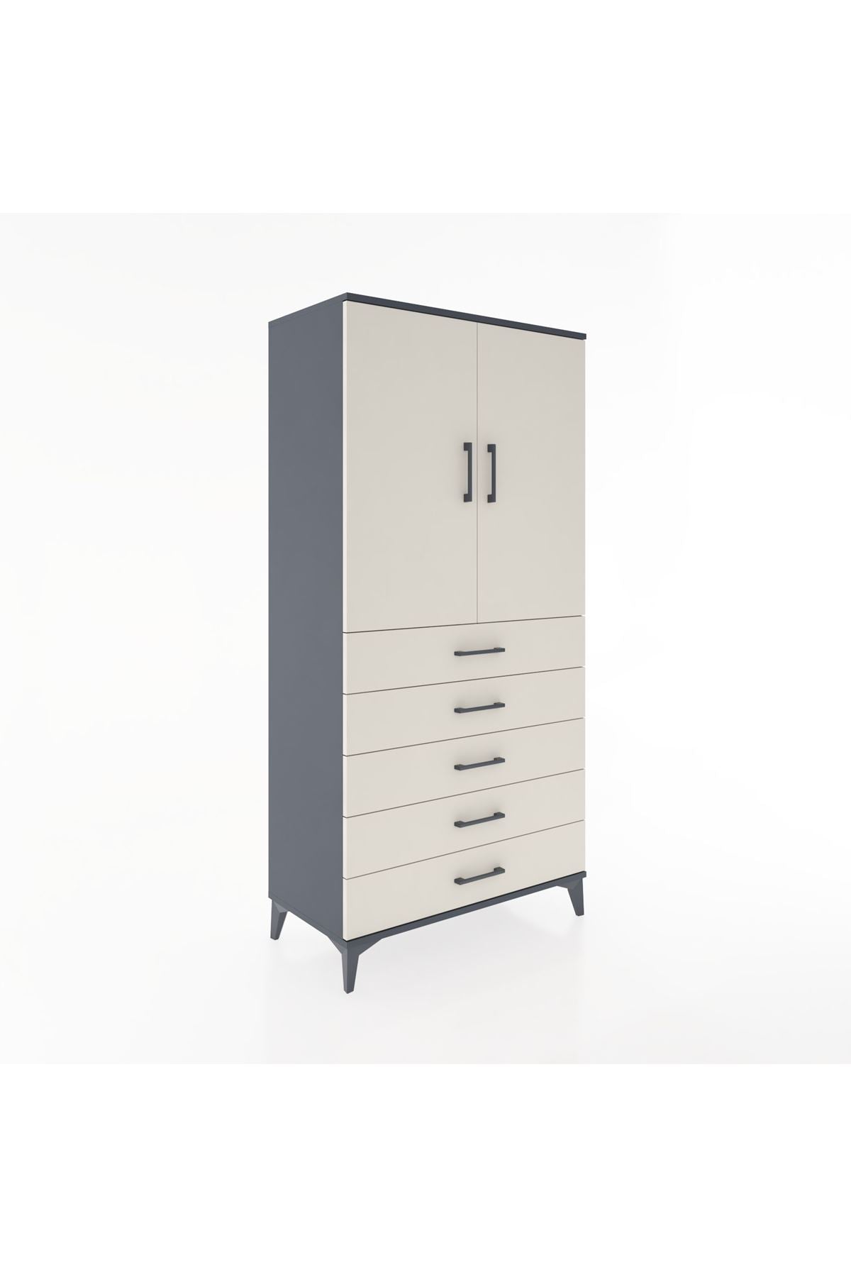 Hyperion Dolap 2 Raflı 5 Çekmeceli 2 Kapaklı 88x44x182 Antrasit-Aytaşı