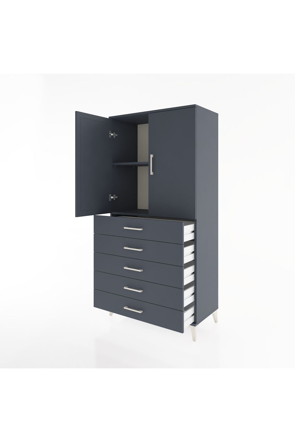 Hyperion Dolap 2 Raflı 5 Çekmeceli 2 Kapaklı 88x44x182 Antrasit-Antrasit